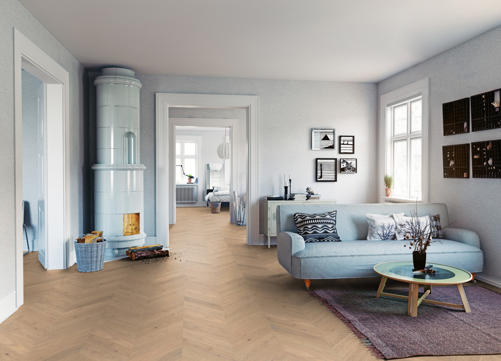 Milieubild Wohnzimmer mit Sofa und Kachelofen - ter Hürne Parkett Estate Collection EVO Eiche Ravello Milieubild Wohnzimmer mit Sofa und Kachelofen - ter Hürne 1101312683