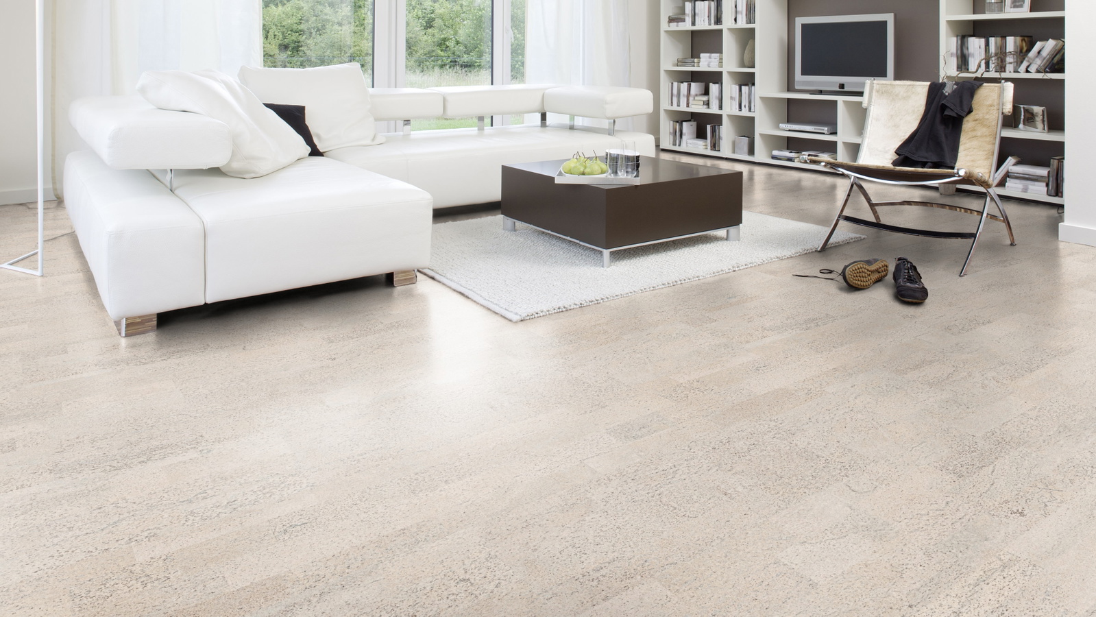 Milieubild Modernes Wohnzimmer mit Wohnlandschaft - Wicanders HDF Klick-Korkboden cork Essence Identity Moonlight Milieubild Modernes Wohnzimmer mit Wohnlandschaft - Wicanders 80001650
