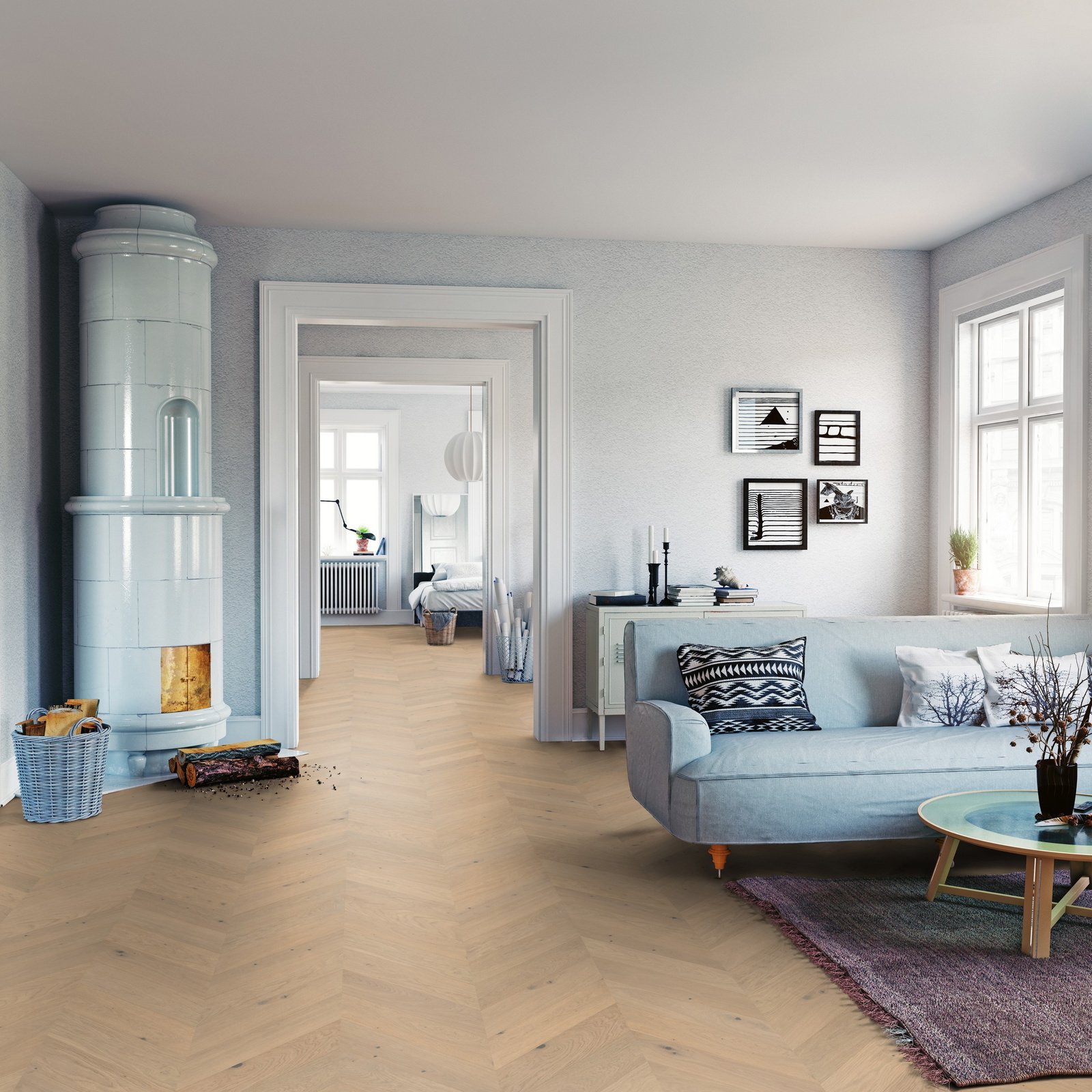 Milieubild Wohnzimmer mit Sofa und Kachelofen - ter Hürne Parkett Estate Collection OLIO Eiche Het Zand Milieubild Wohnzimmer mit Sofa und Kachelofen - ter Hürne 1101312675