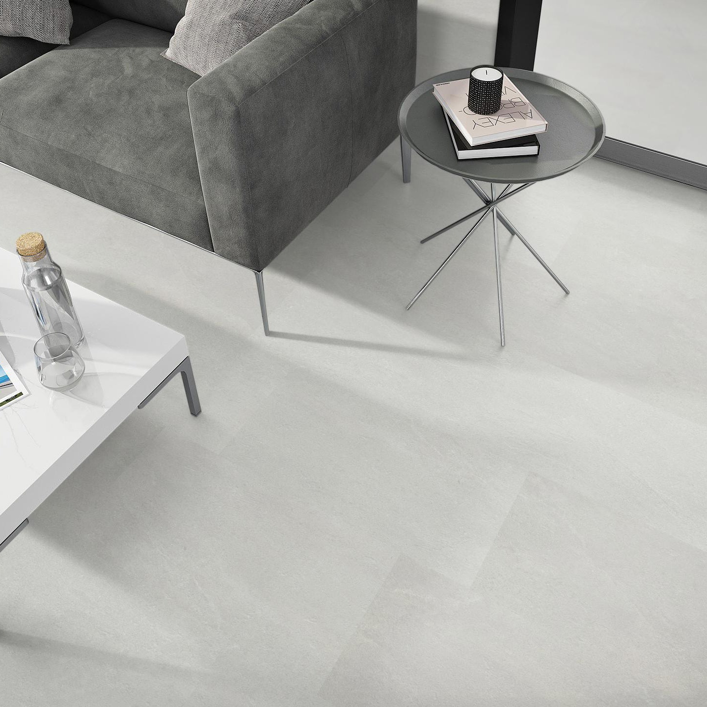 Milieubild Wohnzimmer - Sofa mit Beistelltisch und Glastür - nexflor Rigid Klick-Vinyl Oreios Click Collection Oros Milieubild Wohnzimmer - Sofa mit Beistelltisch und Glastür - nexflor NXF-62030-001