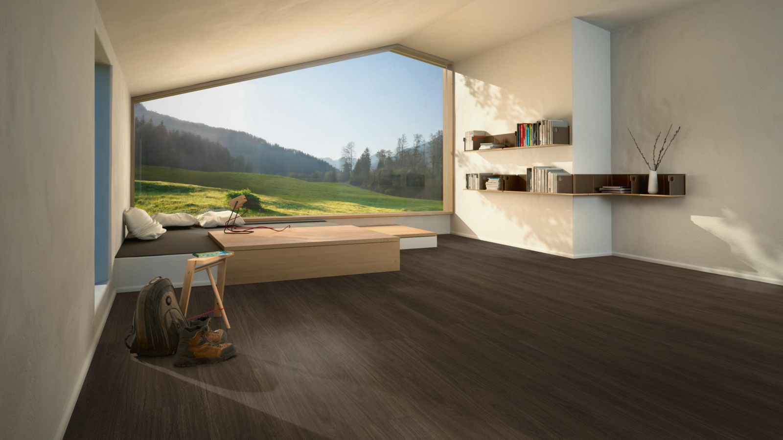 Milieubild Moderne Hütte mit Blick in die Natur - Parador Klebe-Vinyl Classic 2025 Eiche Oxford dunkelbraun Milieubild Moderne Hütte mit Blick in die Natur - Parador 1748868