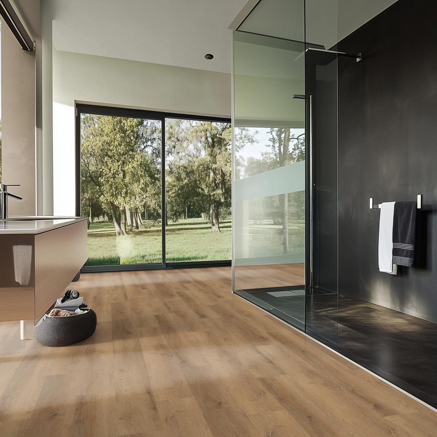 Milieubild Modernes Badezimmer mit bodentiefer Dusche - nexflor Rigid Klick-Vinyl Helios Click Collection Pylos Oak Milieubild Modernes Badezimmer mit bodentiefer Dusche - nexflor NXF-20030-008