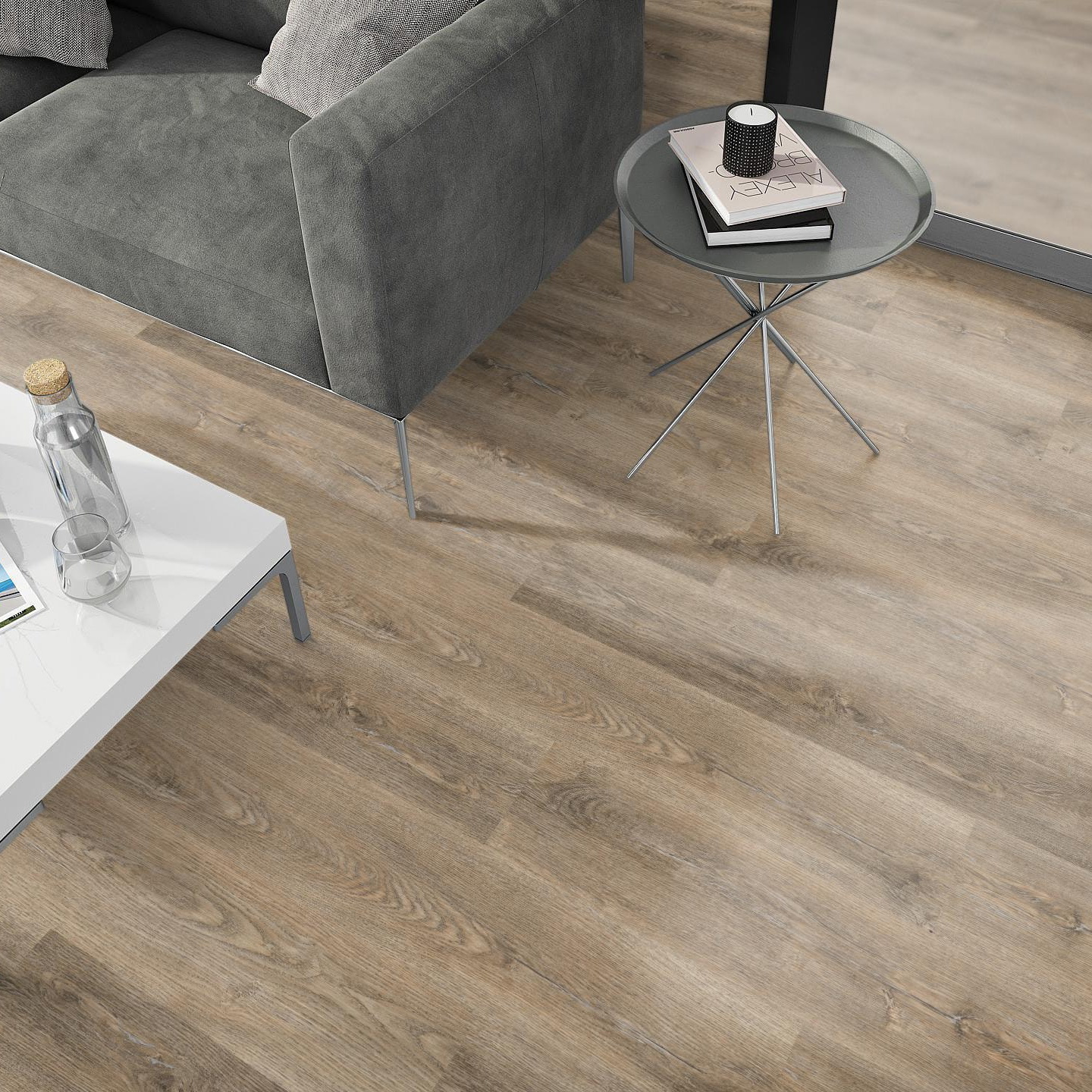 Milieubild Wohnzimmer - Sofa mit Beistelltisch und Glastür - nexflor Klebe-Vinyl Apollo Collection Corinth Oak Milieubild Wohnzimmer - Sofa mit Beistelltisch und Glastür - nexflor NXF-50030-003