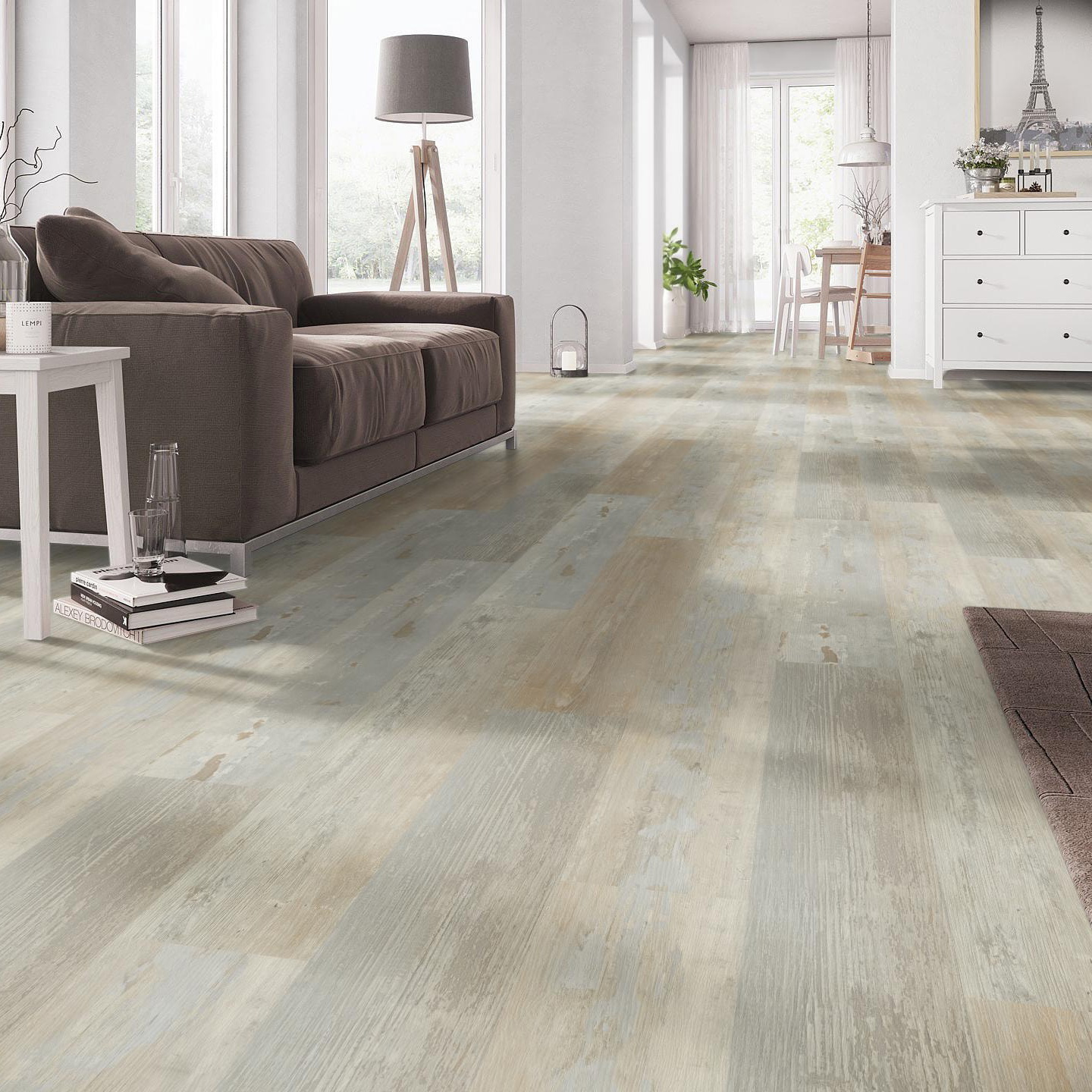 Milieubild Wohnzimmer mit Couch - nexflor Klebe-Vinyl Apollo Collection Knossos Oak Milieubild Wohnzimmer mit Couch - nexflor NXF-50030-012
