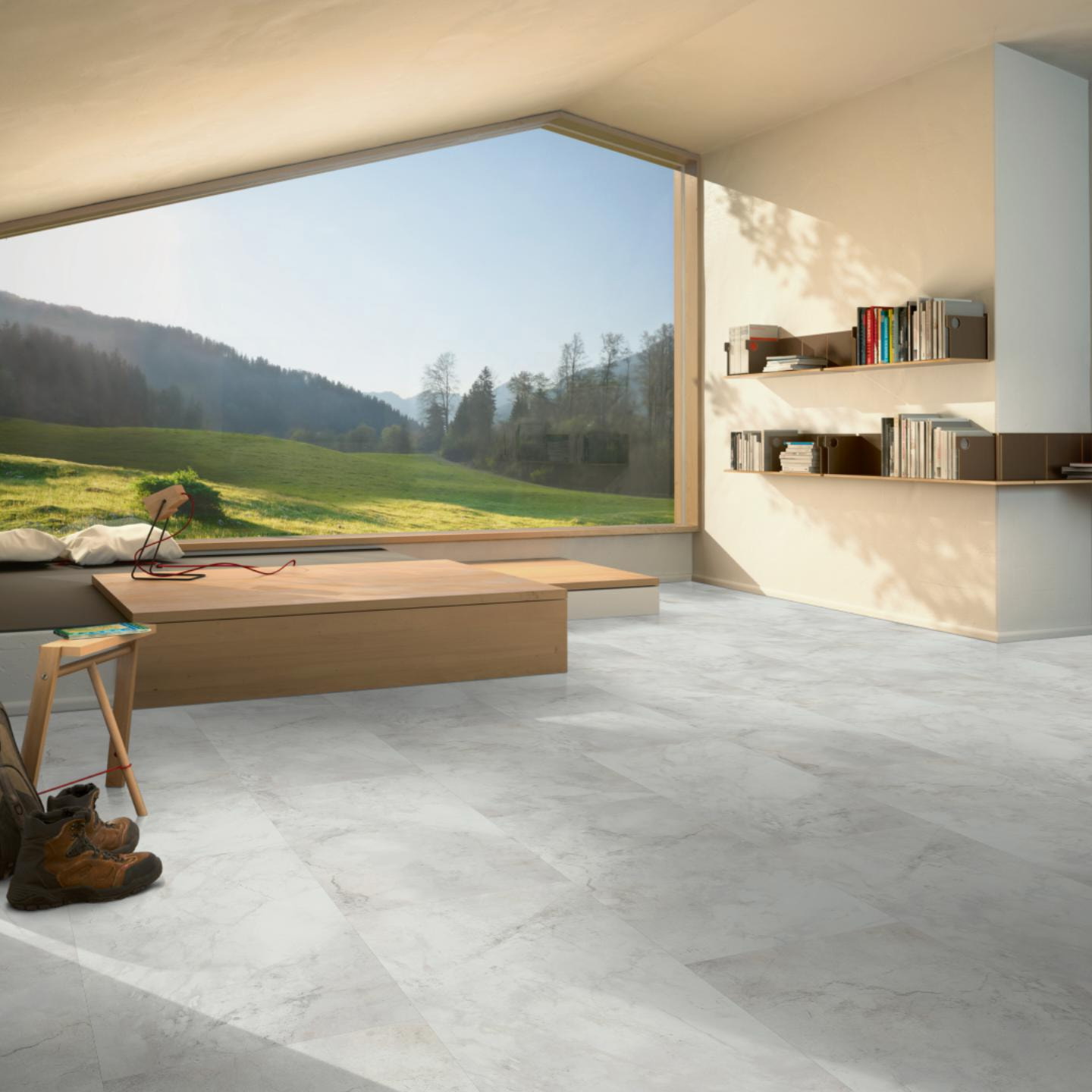 Milieubild Moderne Hütte mit Blick in die Natur - Parador Klebe-Vinyl Trendtime 5 Dryback Marmor Abbey weiß Milieubild Moderne Hütte mit Blick in die Natur - Parador 1750859