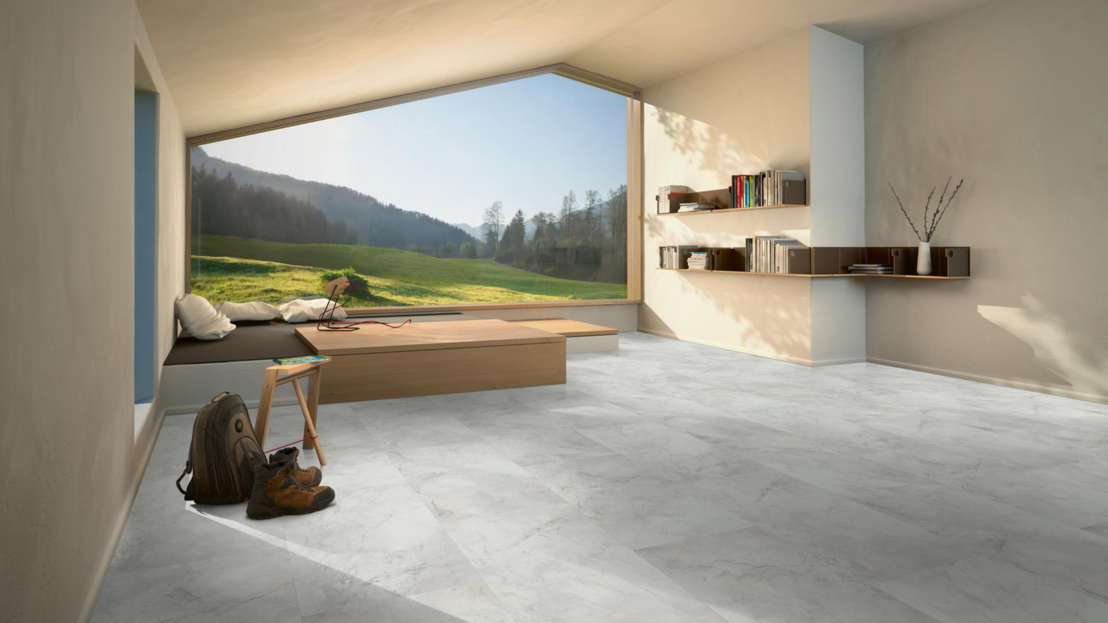 Milieubild Moderne Hütte mit Blick in die Natur - Parador Klebe-Vinyl Trendtime 5 Dryback Marmor Abbey weiß Milieubild Moderne Hütte mit Blick in die Natur - Parador 1750859