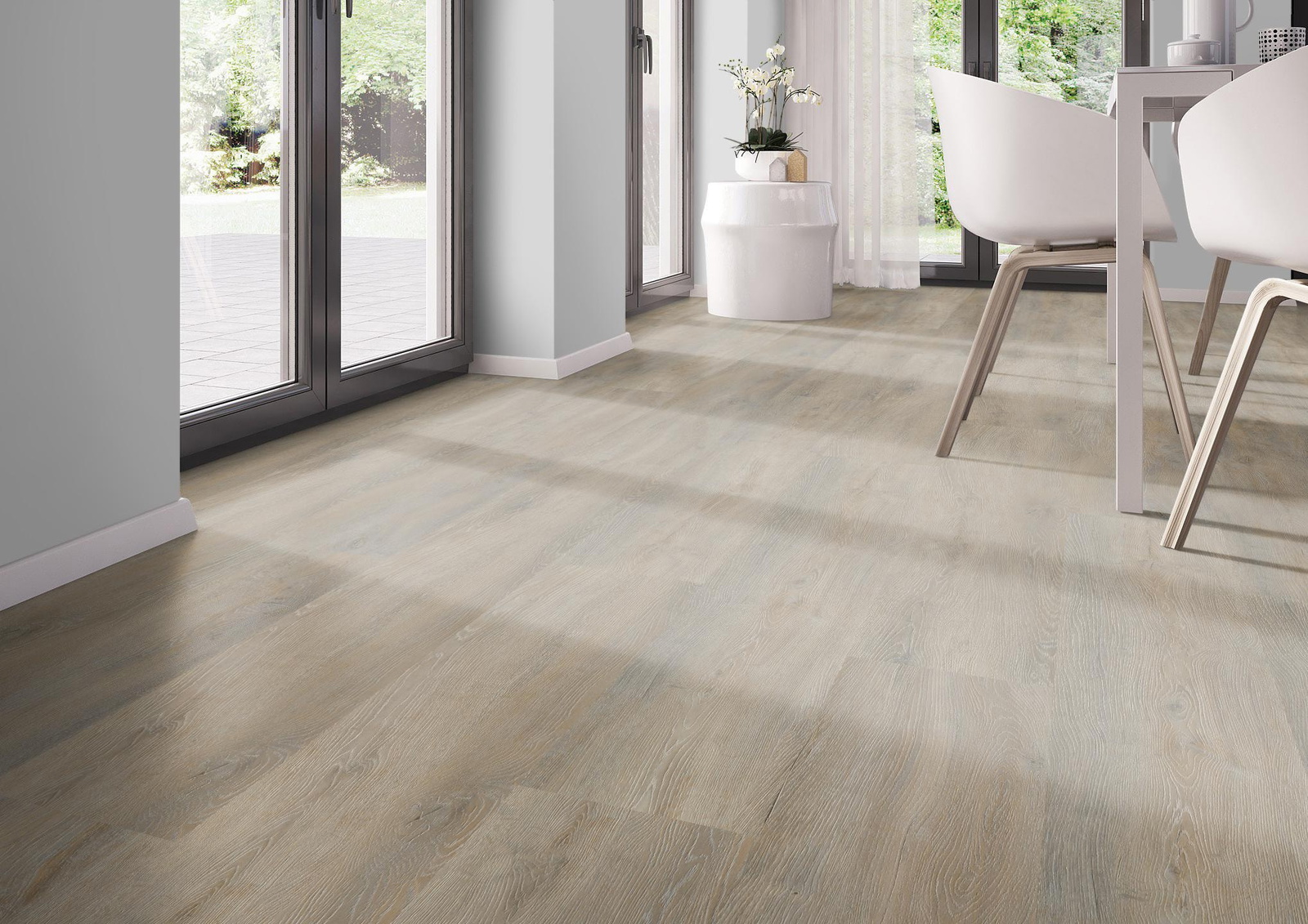 Milieubild Modernes Esszimmer - bodentiefe Perspektive - nexflor Rigid Klick-Vinyl Helios Click Collection Alexandria Oak Milieubild Modernes Esszimmer - bodentiefe Perspektive - nexflor NXF-20030-006