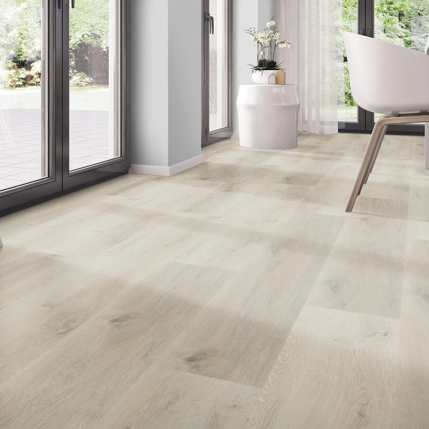 Milieubild Modernes Esszimmer - bodentiefe Perspektive - nexflor Rigid Klick-Vinyl Helios Click Collection Phocis Oak Milieubild Modernes Esszimmer - bodentiefe Perspektive - nexflor NXF-20030-001