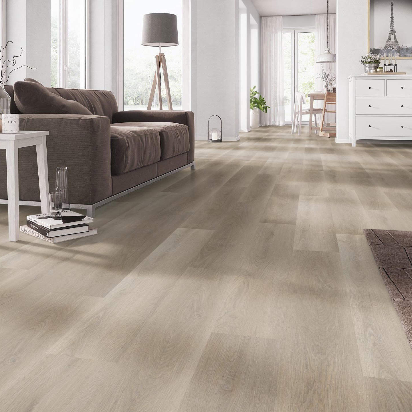 Milieubild Wohnzimmer mit Couch - nexflor Klebe-Vinyl Apollo Collection Aegina Oak Milieubild Wohnzimmer mit Couch - nexflor NXF-50030-016