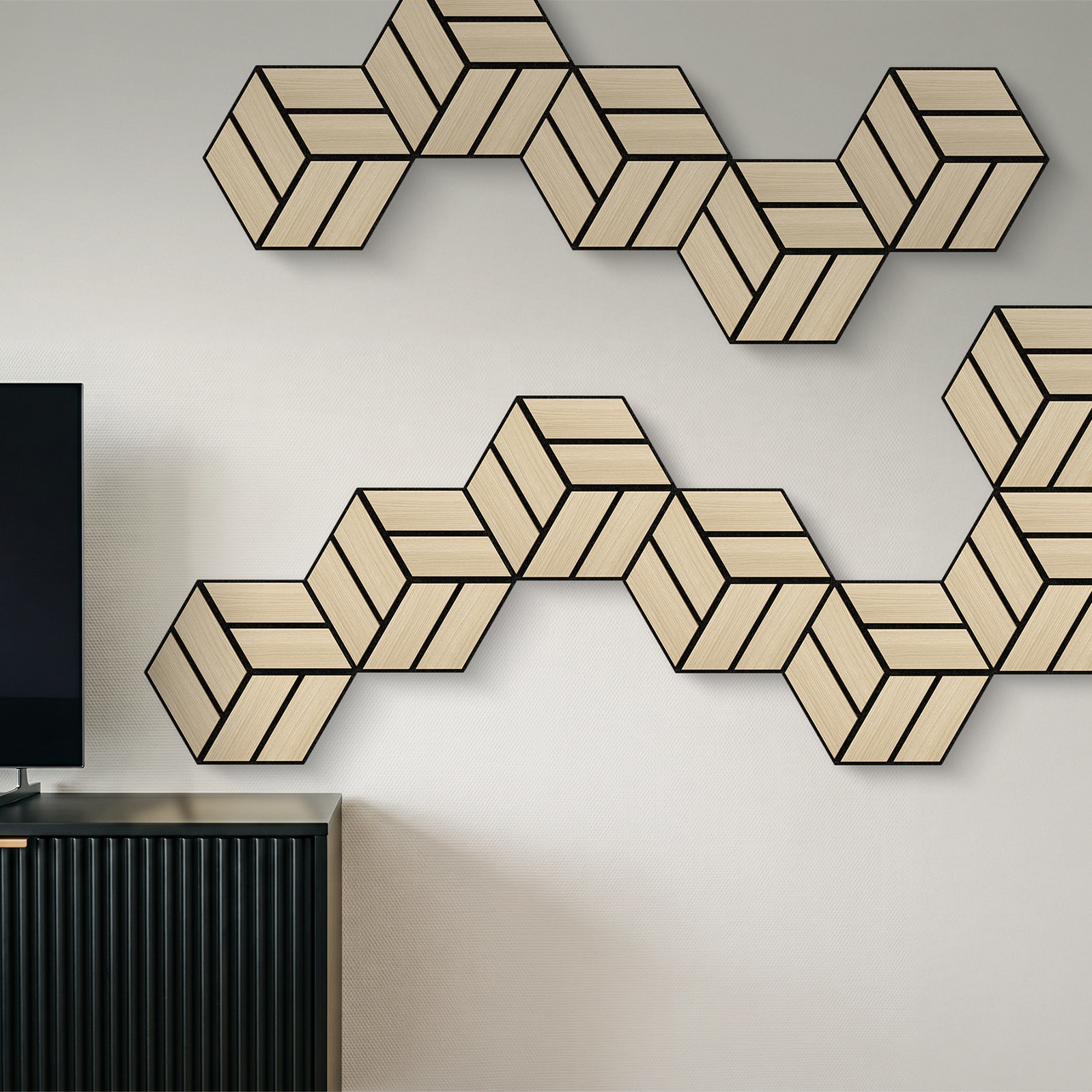 Perspektivische Ansicht - nexwall Akustikpaneel Sonus Prime Hexacube Oak Light Perspektivische Ansicht - nexwall NXW-42018-002