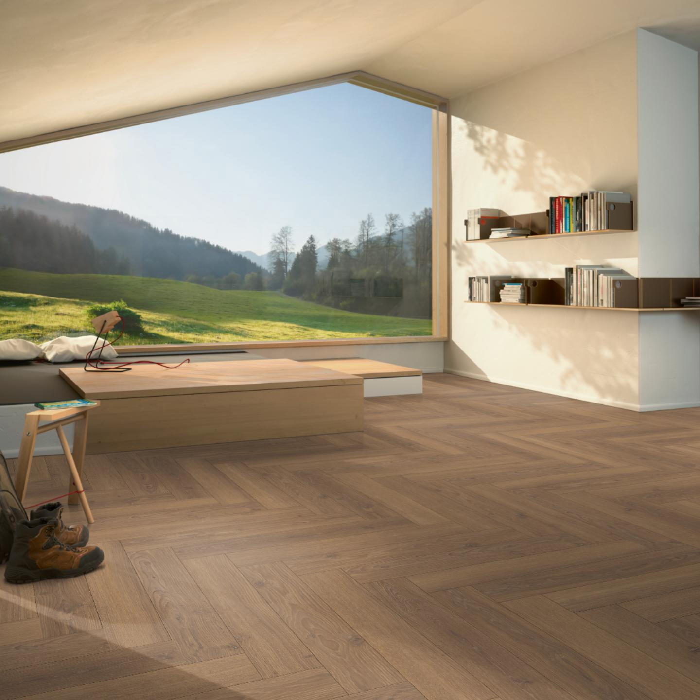 Milieubild Moderne Hütte mit Blick in die Natur - Parador Laminat Trendtime 3 Eiche Studioline honig Milieubild Moderne Hütte mit Blick in die Natur - Parador 1747864