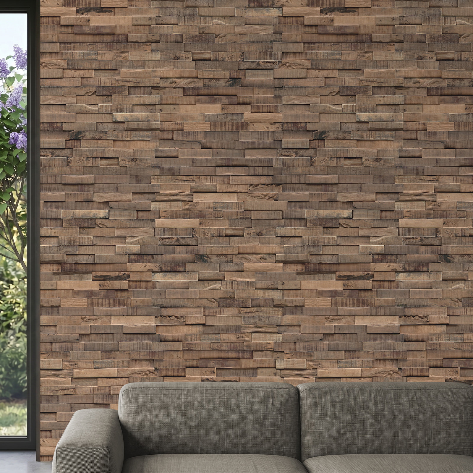 Perspektivische Ansicht - nexwall nature Echholz-Wandverkleidung Rimba Narrow Weathered Rock Perspektivische Ansicht - nexwall nature NXWN-46018-003