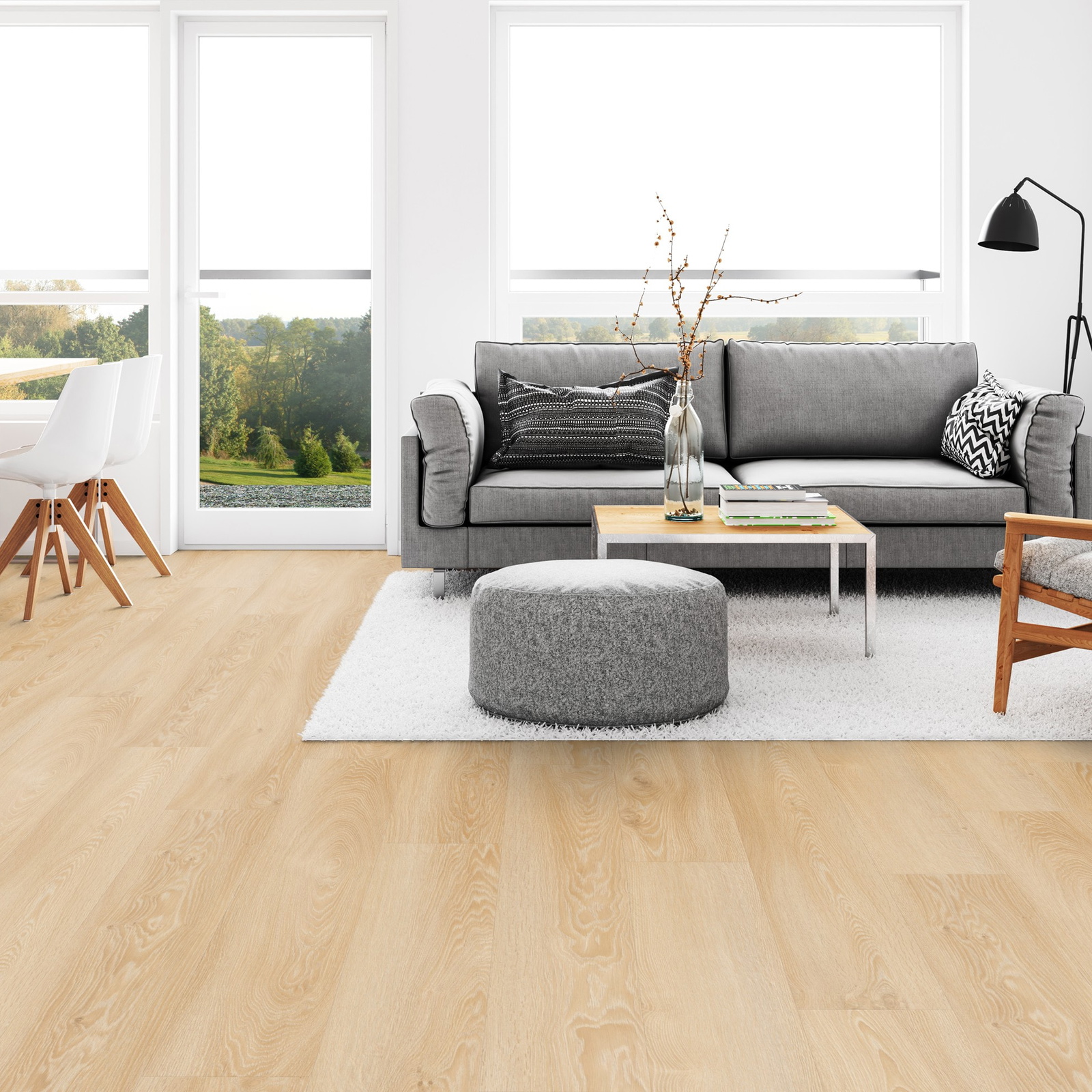 Milieubild Wohnzimmer mit Esszimmer - Tarkett Klebe-Vinyl Essence 30 Cool Oak Classical Milieubild Wohnzimmer mit Esszimmer - Tarkett 260055001