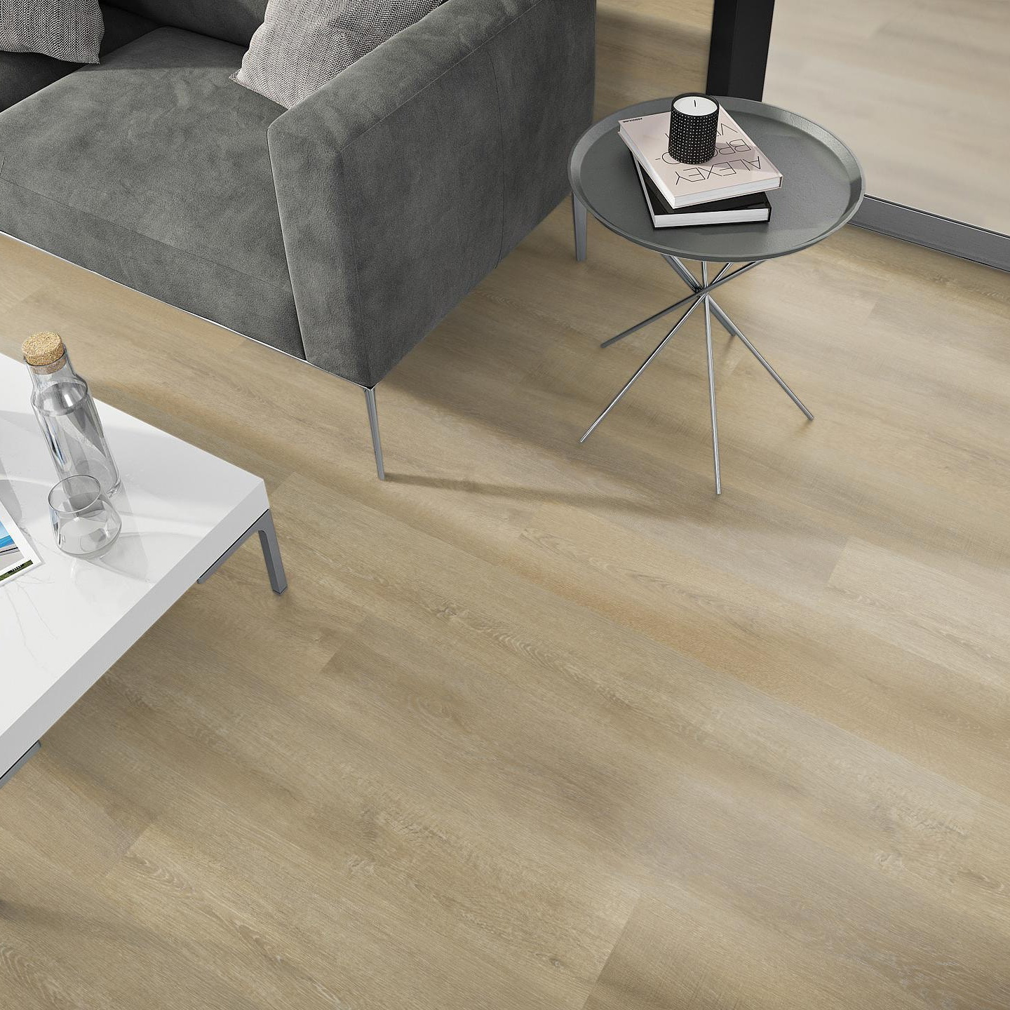 Milieubild Wohnzimmer - Sofa mit Beistelltisch und Glastür - nexflor NXF-50030-013