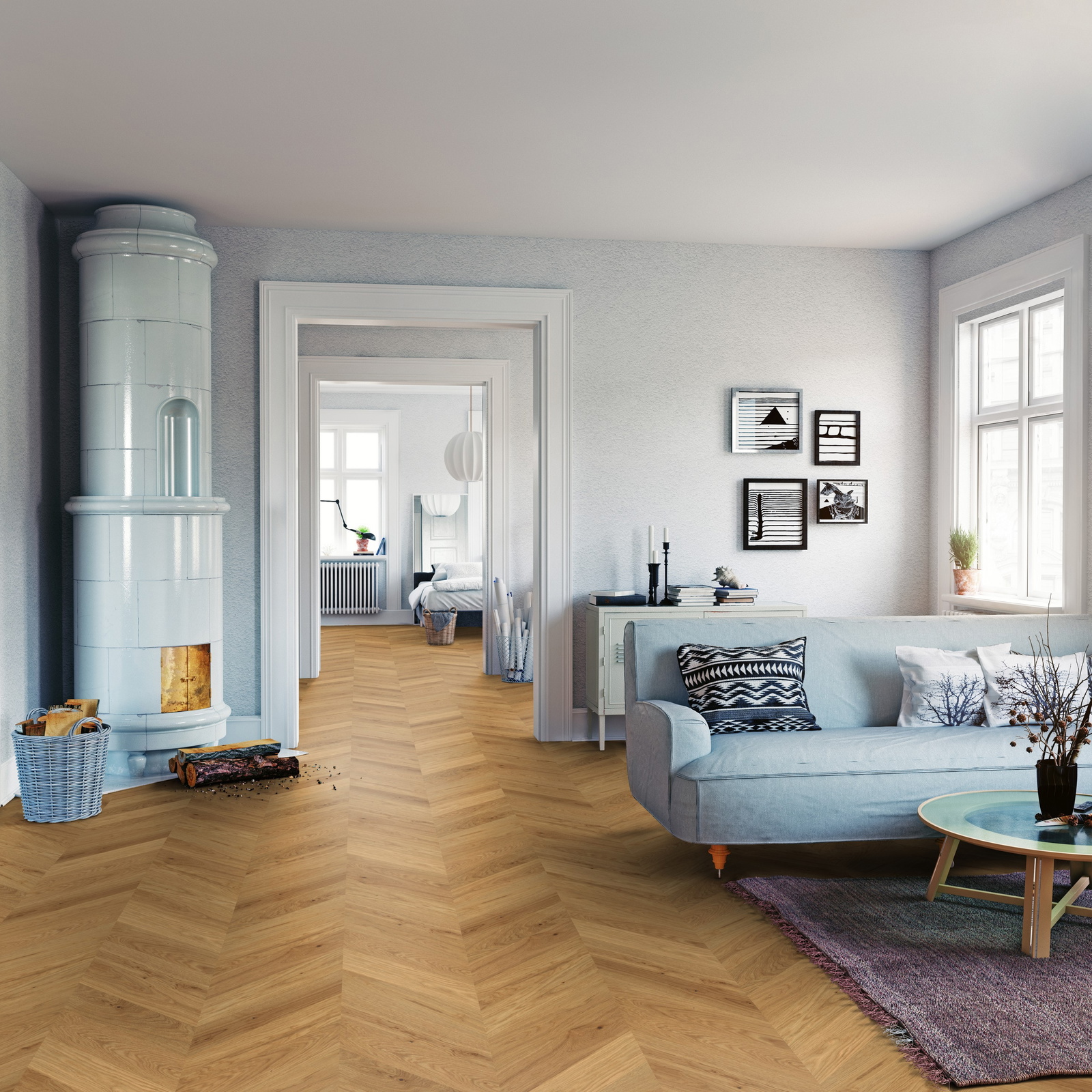 Milieubild Wohnzimmer mit Sofa und Kachelofen - ter Hürne Parkett Estate Collection EVO Eiche Jambes Milieubild Wohnzimmer mit Sofa und Kachelofen - ter Hürne 1101312681