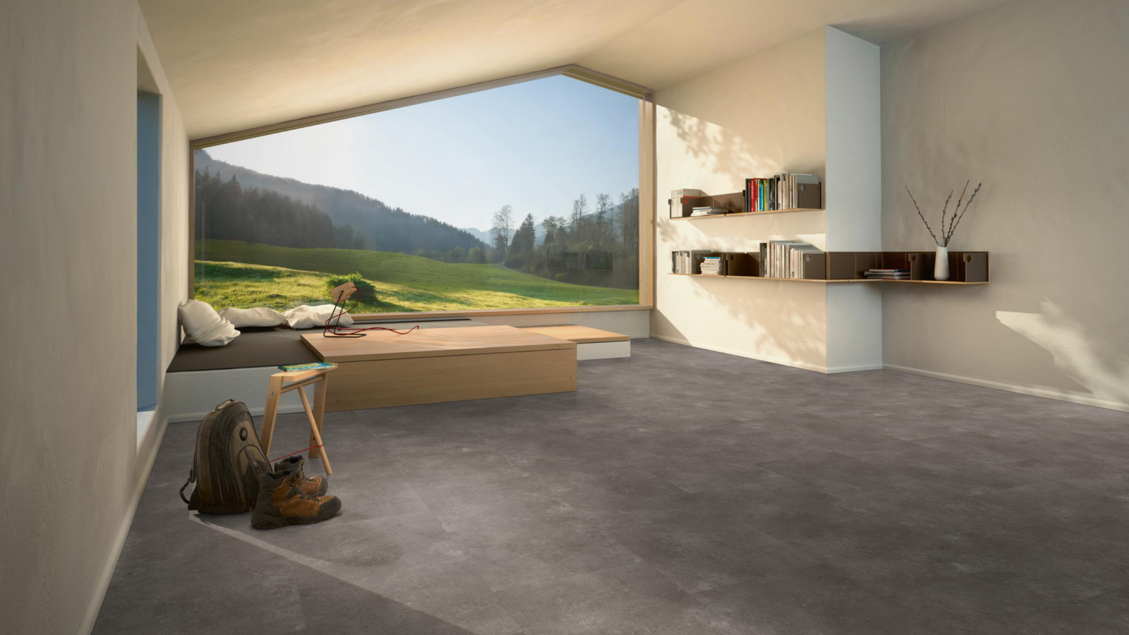 Milieubild Moderne Hütte mit Blick in die Natur - Parador Klebe-Vinyl Trendtime 5 Dryback Stein Trafalgar dunkelgrau Milieubild Moderne Hütte mit Blick in die Natur - Parador 1750860