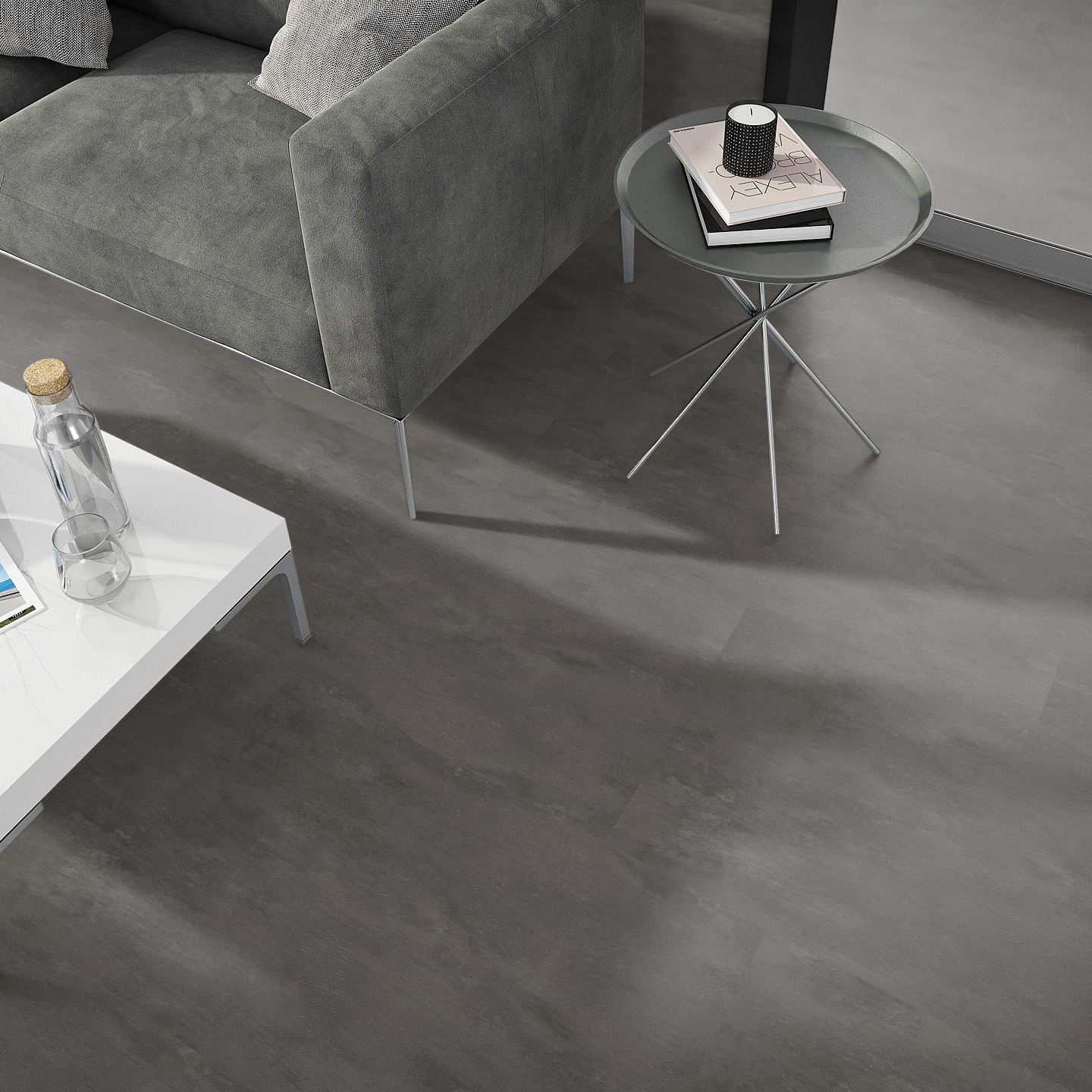 Milieubild Wohnzimmer - Sofa mit Beistelltisch und Glastür - nexflor Klebe-Vinyl Oreios Collection Athos Milieubild Wohnzimmer - Sofa mit Beistelltisch und Glastür - nexflor NXF-51030-002