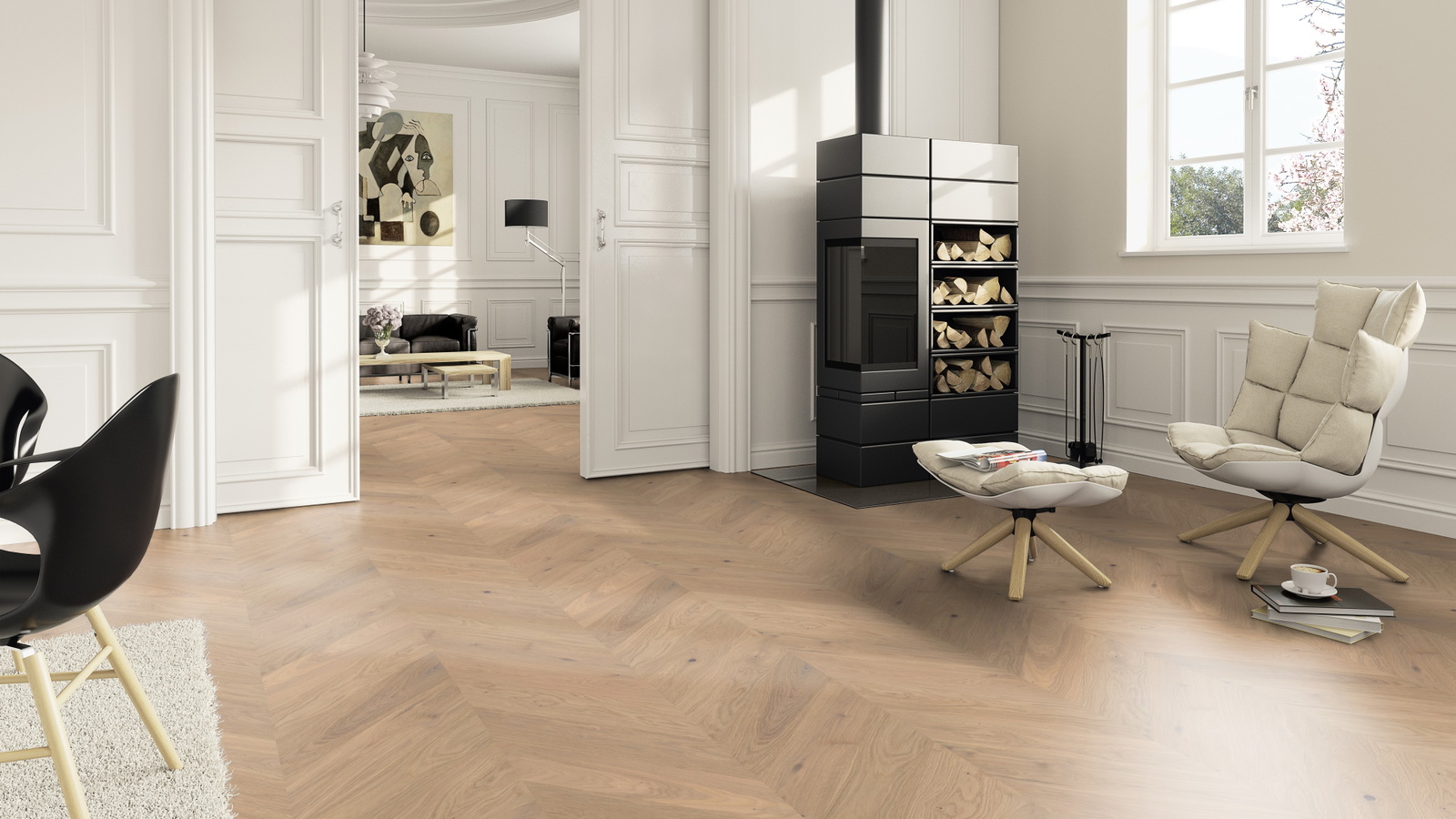 Milieubild Wohnzimmer im Landhaus-Stil mit Kamin - ter Hürne Parkett Estate Collection OLIO Eiche Meran Milieubild Wohnzimmer im Landhaus-Stil mit Kamin - ter Hürne 1101312674