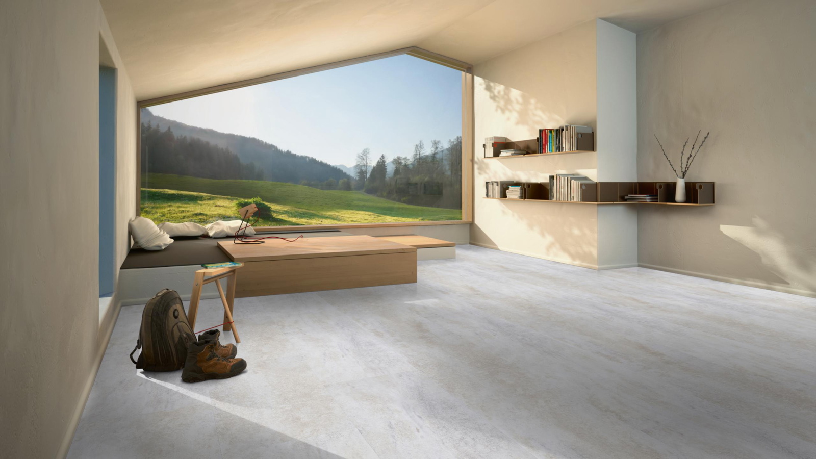 Milieubild Moderne Hütte mit Blick in die Natur - Parador Klebe-Vinyl Trendtime 5 Dryback Dolomit weiß Milieubild Moderne Hütte mit Blick in die Natur - Parador 1750856