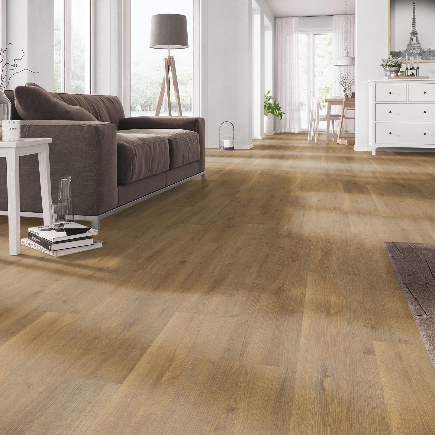 Milieubild Wohnzimmer mit Couch - nexflor Klebe-Vinyl Apollo Collection Delphi Oak Milieubild Wohnzimmer mit Couch - nexflor NXF-50030-002