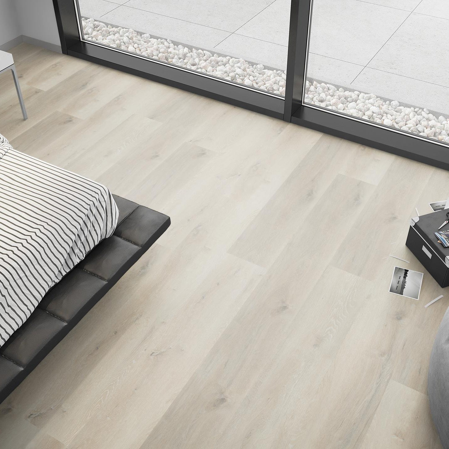 Milieubild Schlafzimmer mit Sitzkissen - nexflor Rigid Klick-Vinyl Helios Click Collection Phocis Oak Milieubild Schlafzimmer mit Sitzkissen - nexflor NXF-20030-001