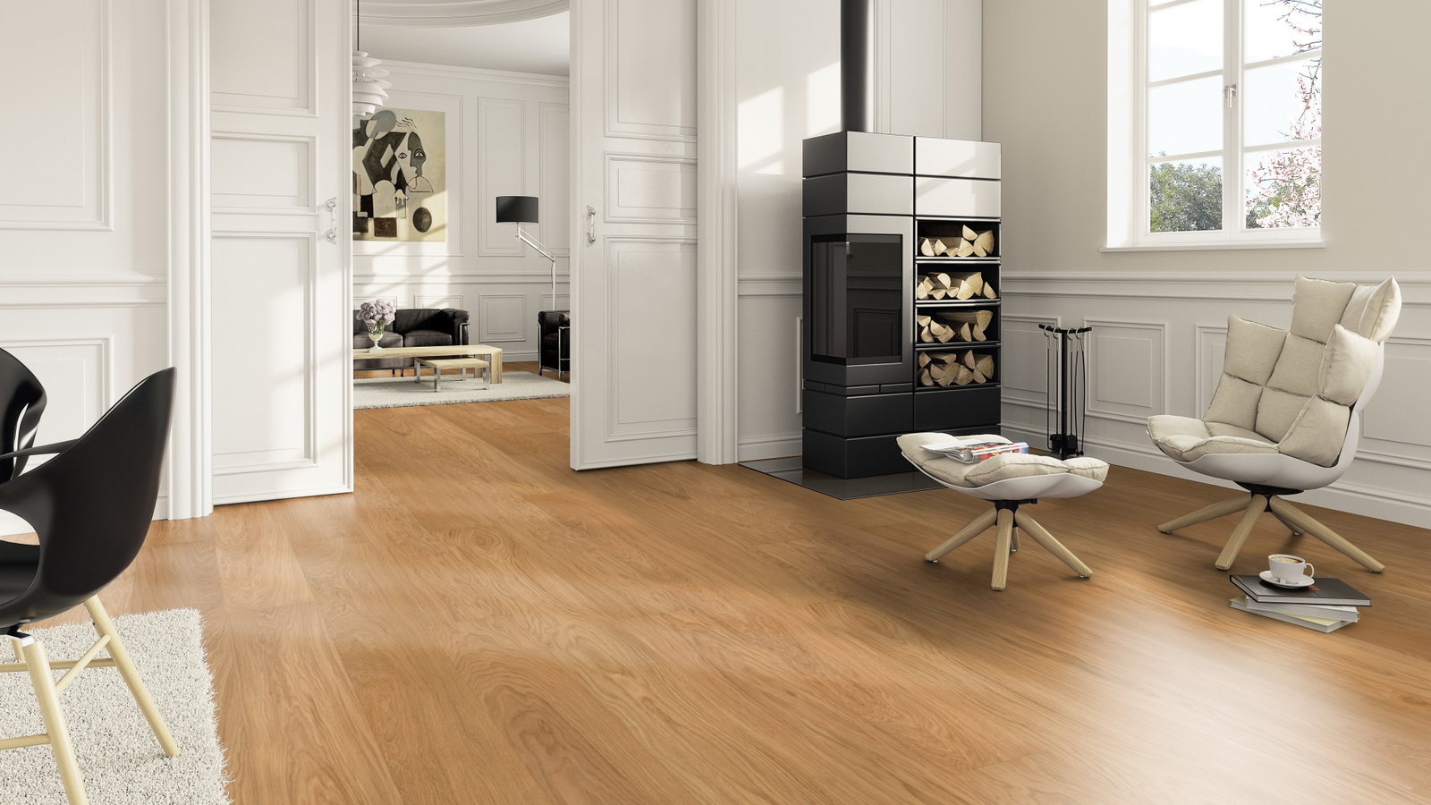 Milieubild Wohnzimmer im Landhaus-Stil mit Kamin - ter Hürne Parkett Classic Collection EVO Eiche Eriksberg Milieubild Wohnzimmer im Landhaus-Stil mit Kamin - ter Hürne 1101312622