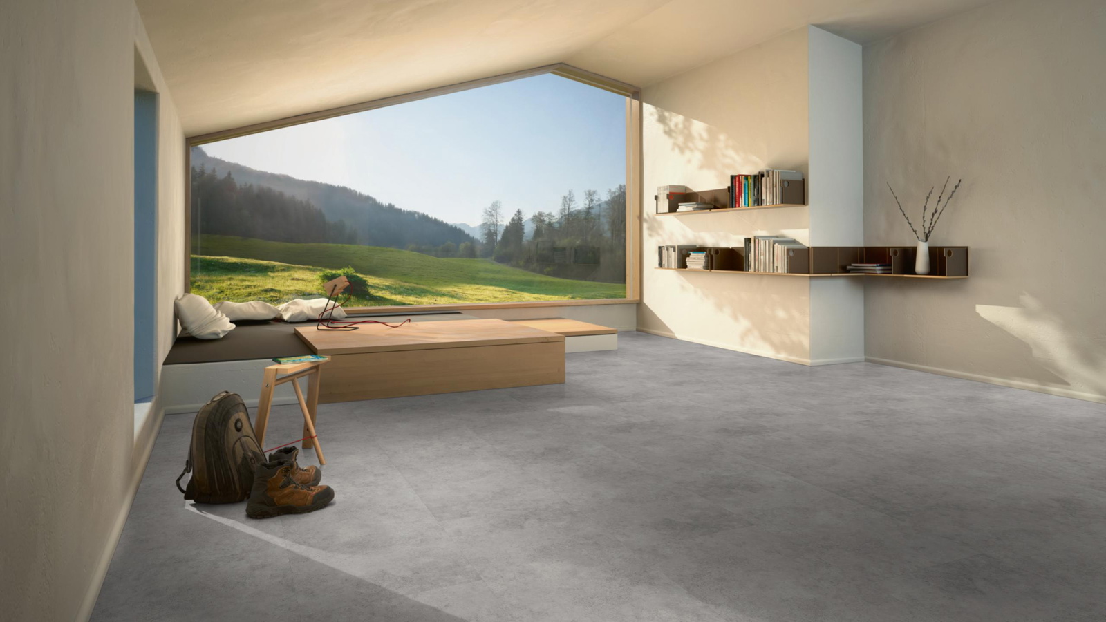 Milieubild Moderne Hütte mit Blick in die Natur - Parador Klebe-Vinyl Trendtime 5 Dryback Beton grau Milieubild Moderne Hütte mit Blick in die Natur - Parador 1750853