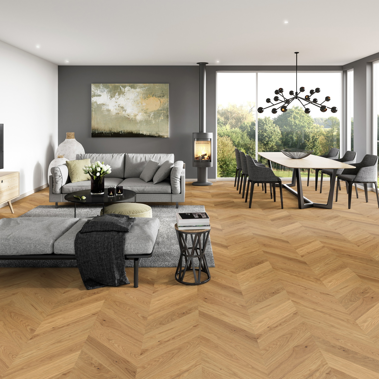 Milieubild Modernes Wohnzimmer mit Essbereich - ter Hürne Parkett Estate Collection EVO Eiche Jambes Milieubild Modernes Wohnzimmer mit Essbereich - ter Hürne 1101312681