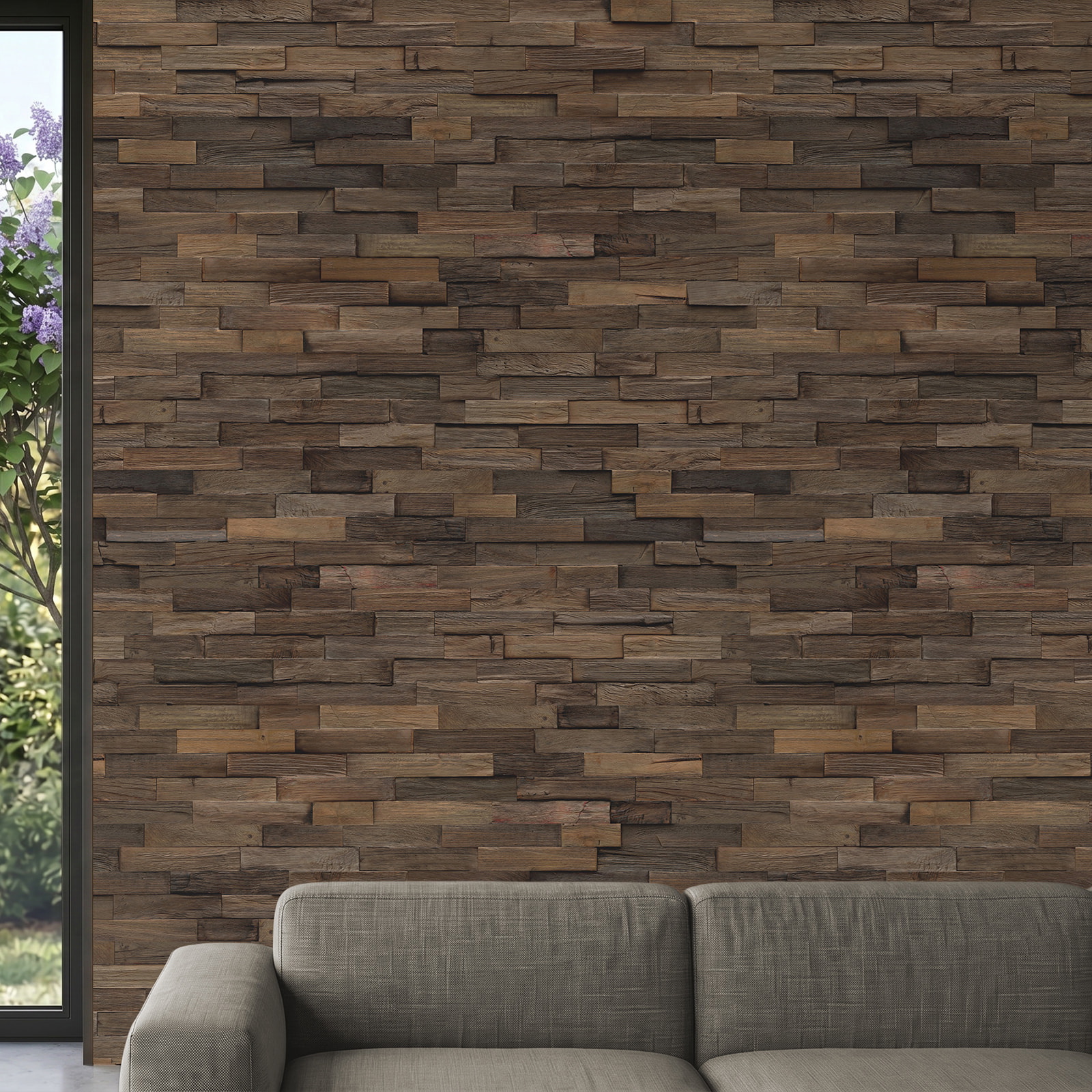 Perspektivische Ansicht - nexwall nature Echholz-Wandverkleidung Rimba Teak Burnt Brown Perspektivische Ansicht - nexwall nature NXWN-40020-003