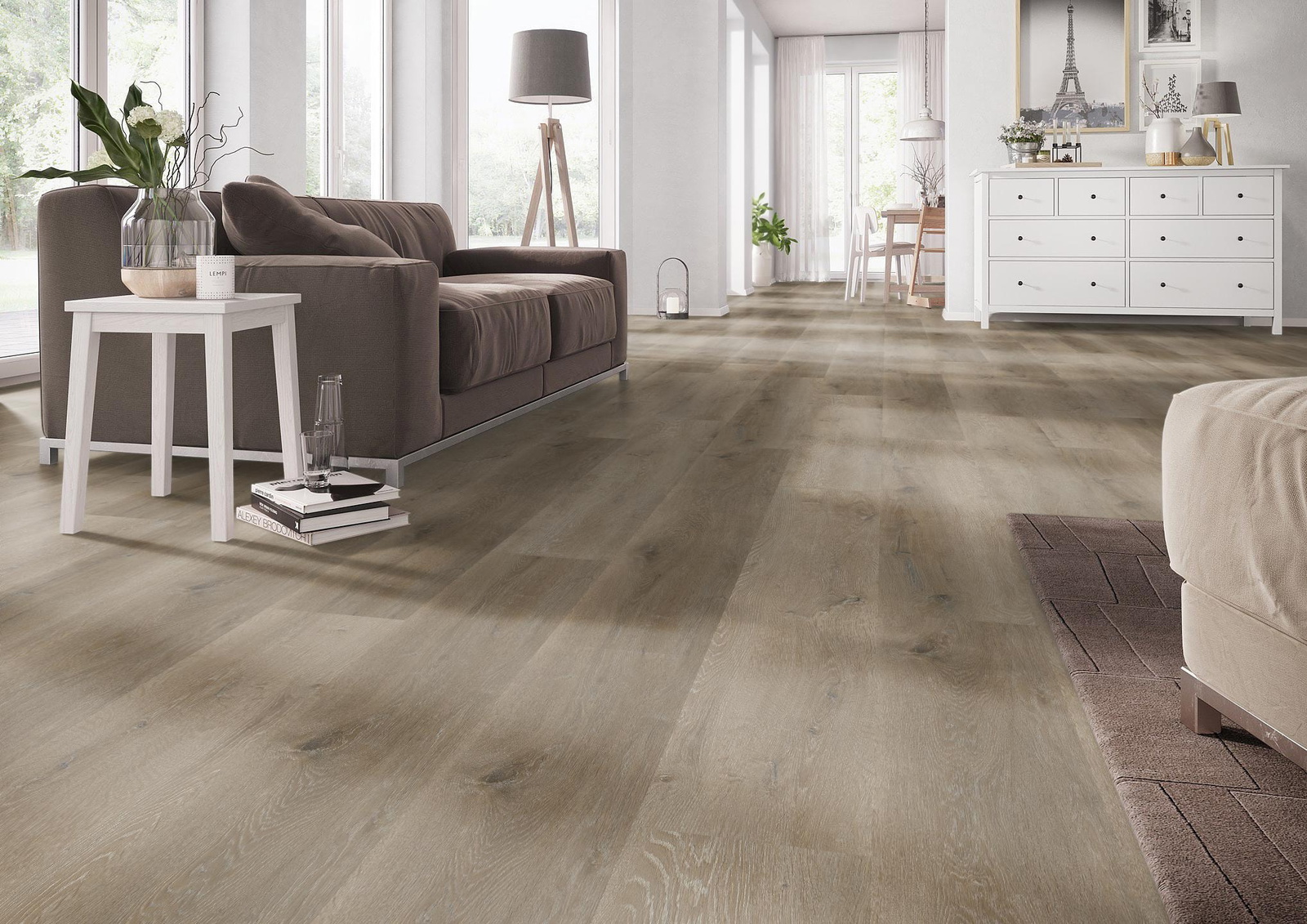 Milieubild Wohnzimmer mit Couch - nexflor Rigid Klick-Vinyl Helios Click Collection Miletus Oak Milieubild Wohnzimmer mit Couch - nexflor NXF-20030-002