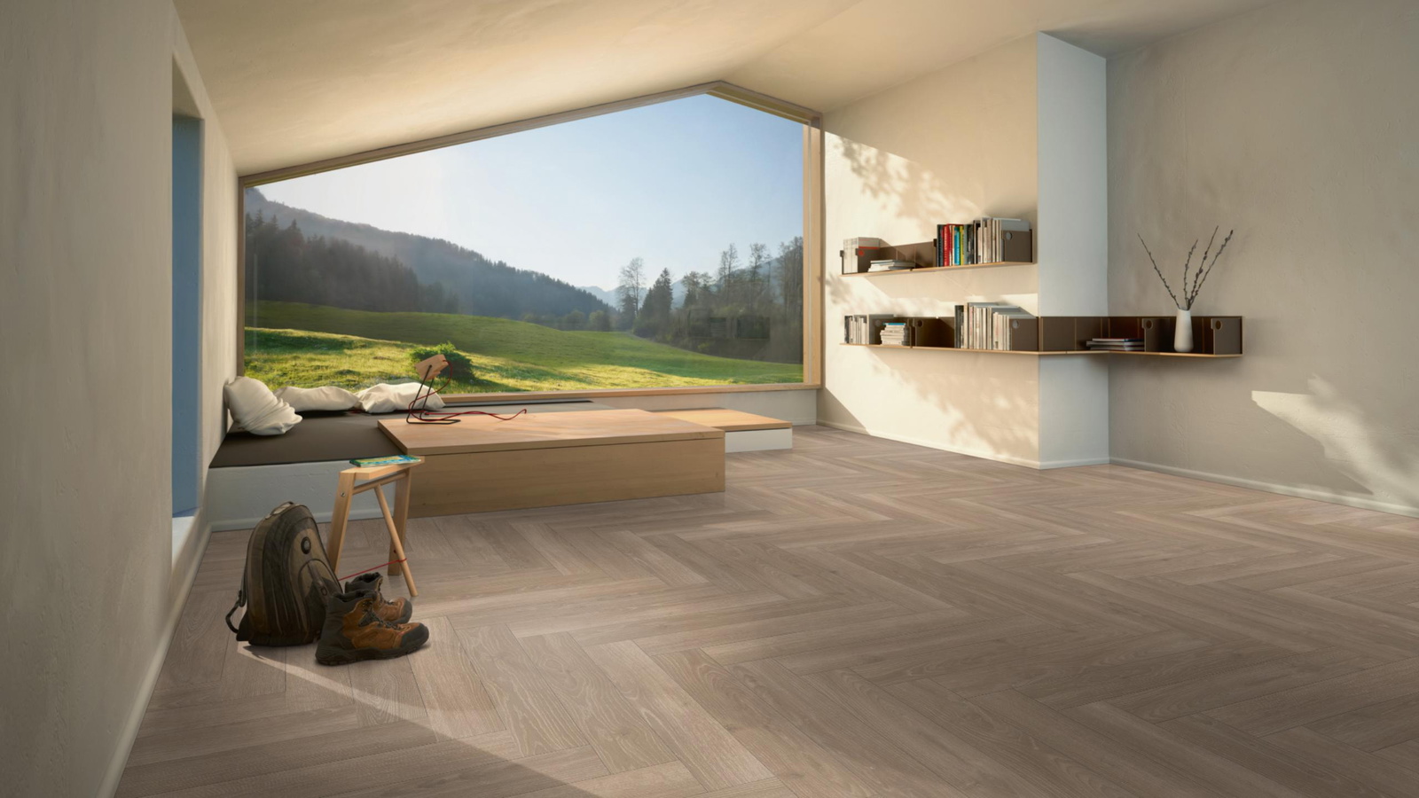 Milieubild Moderne Hütte mit Blick in die Natur - Parador Laminat Trendtime 3 Eiche Skyline perlgrau Milieubild Moderne Hütte mit Blick in die Natur - Parador 1747861