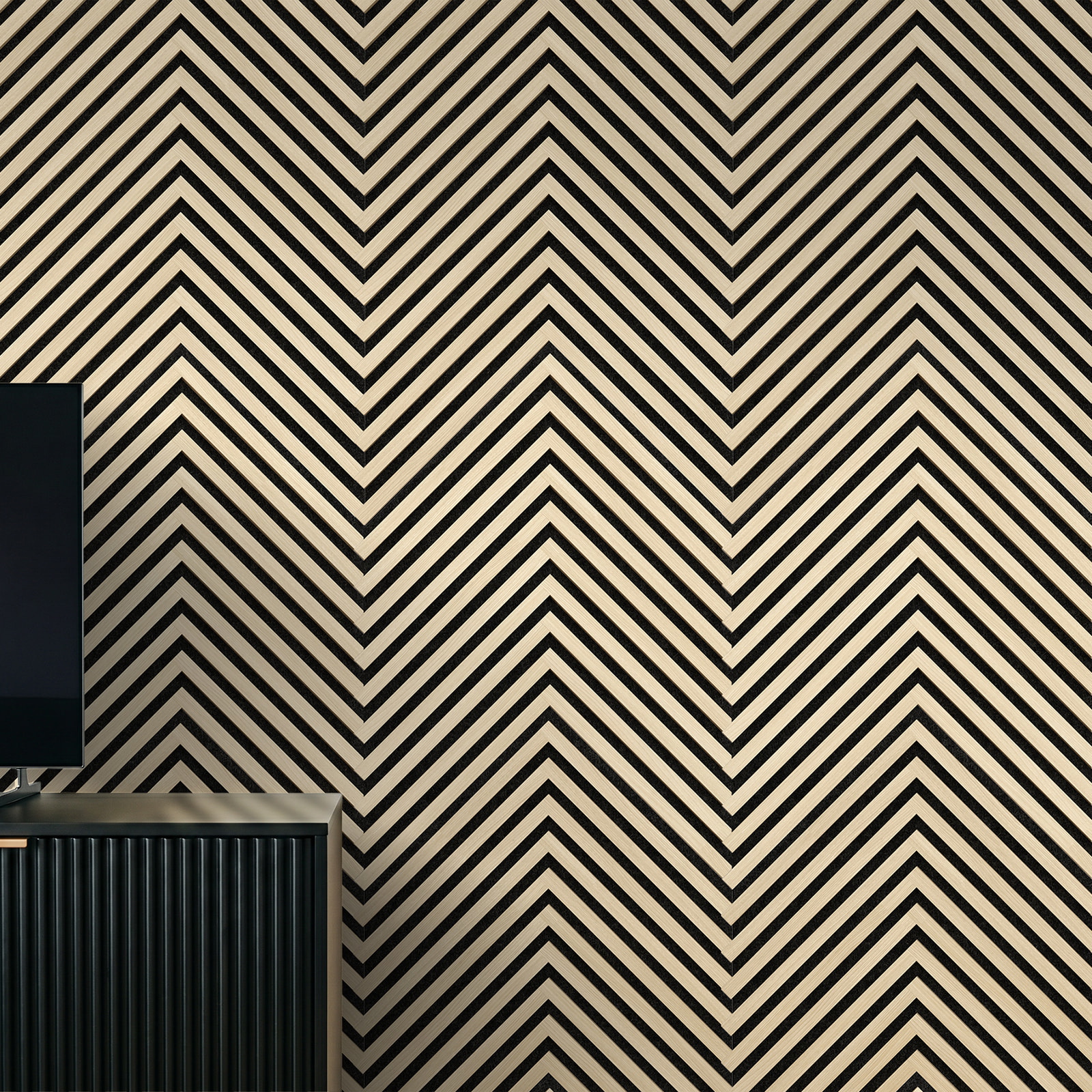 Perspektivische Ansicht - nexwall Akustikpaneel Sonus Prime Herringbone Oak Light Perspektivische Ansicht - nexwall NXW-42018-004