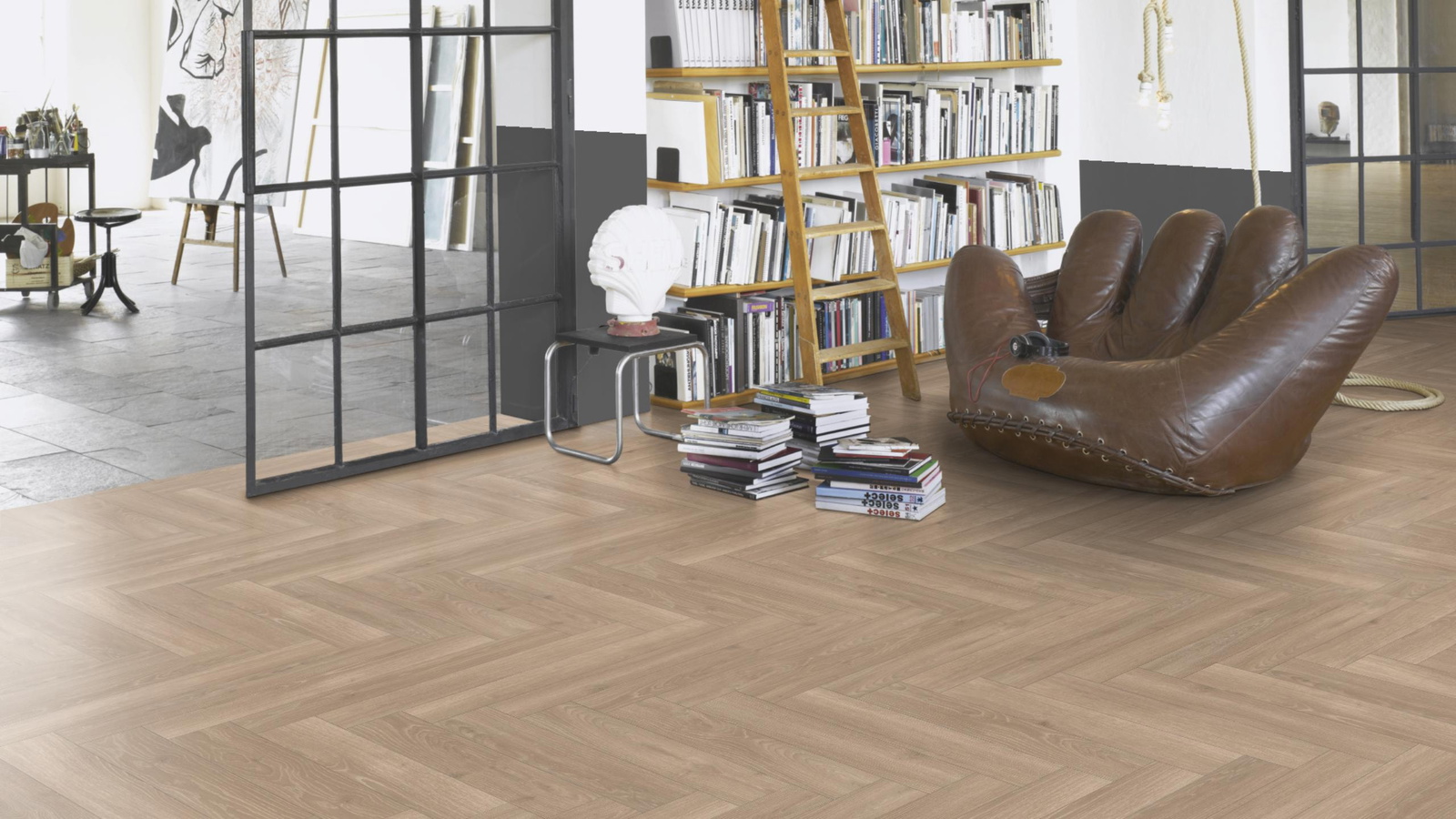 Milieubild Modernes Wohnzimmer mit Atelier - Parador Laminat Trendtime 3 Eiche Skyline perlgrau Milieubild Modernes Wohnzimmer mit Atelier - Parador 1747861