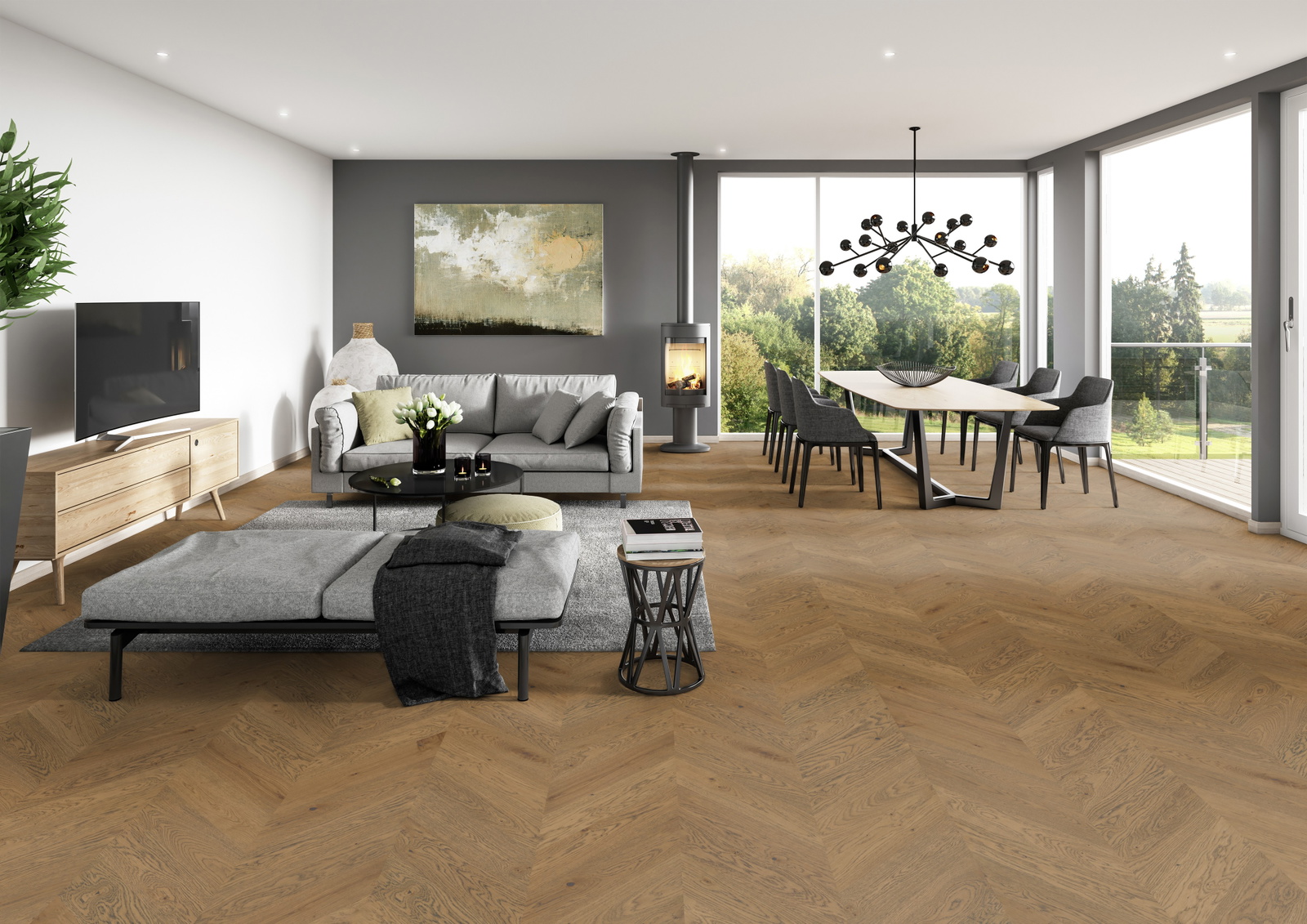 Milieubild Modernes Wohnzimmer mit Essbereich - ter Hürne Parkett Estate Collection OLIO Eiche Karlstad Milieubild Modernes Wohnzimmer mit Essbereich - ter Hürne 1101312676