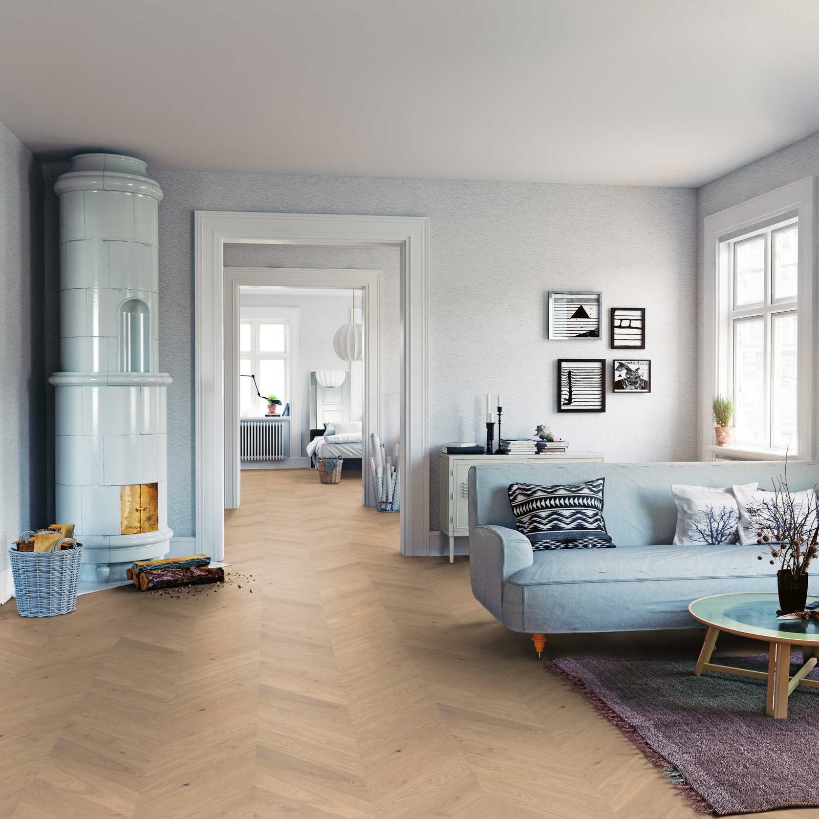 Milieubild Wohnzimmer mit Sofa und Kachelofen - ter Hürne Parkett Estate Collection OLIO Eiche Meran Milieubild Wohnzimmer mit Sofa und Kachelofen - ter Hürne 1101312674