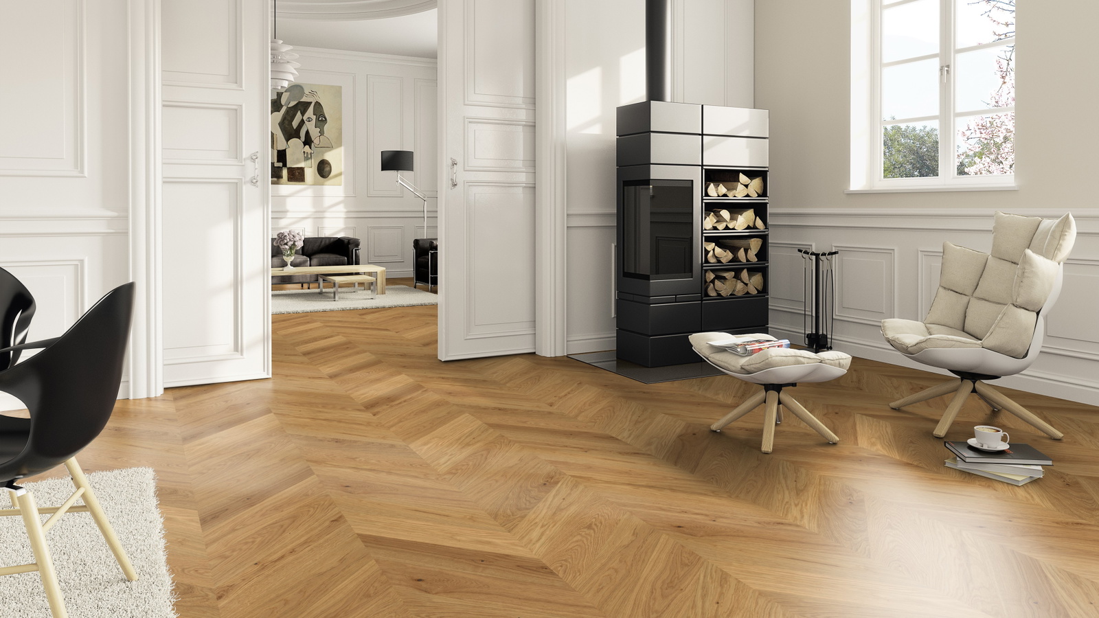 Milieubild Wohnzimmer im Landhaus-Stil mit Kamin - ter Hürne Parkett Estate Collection EVO Eiche Jambes Milieubild Wohnzimmer im Landhaus-Stil mit Kamin - ter Hürne 1101312681