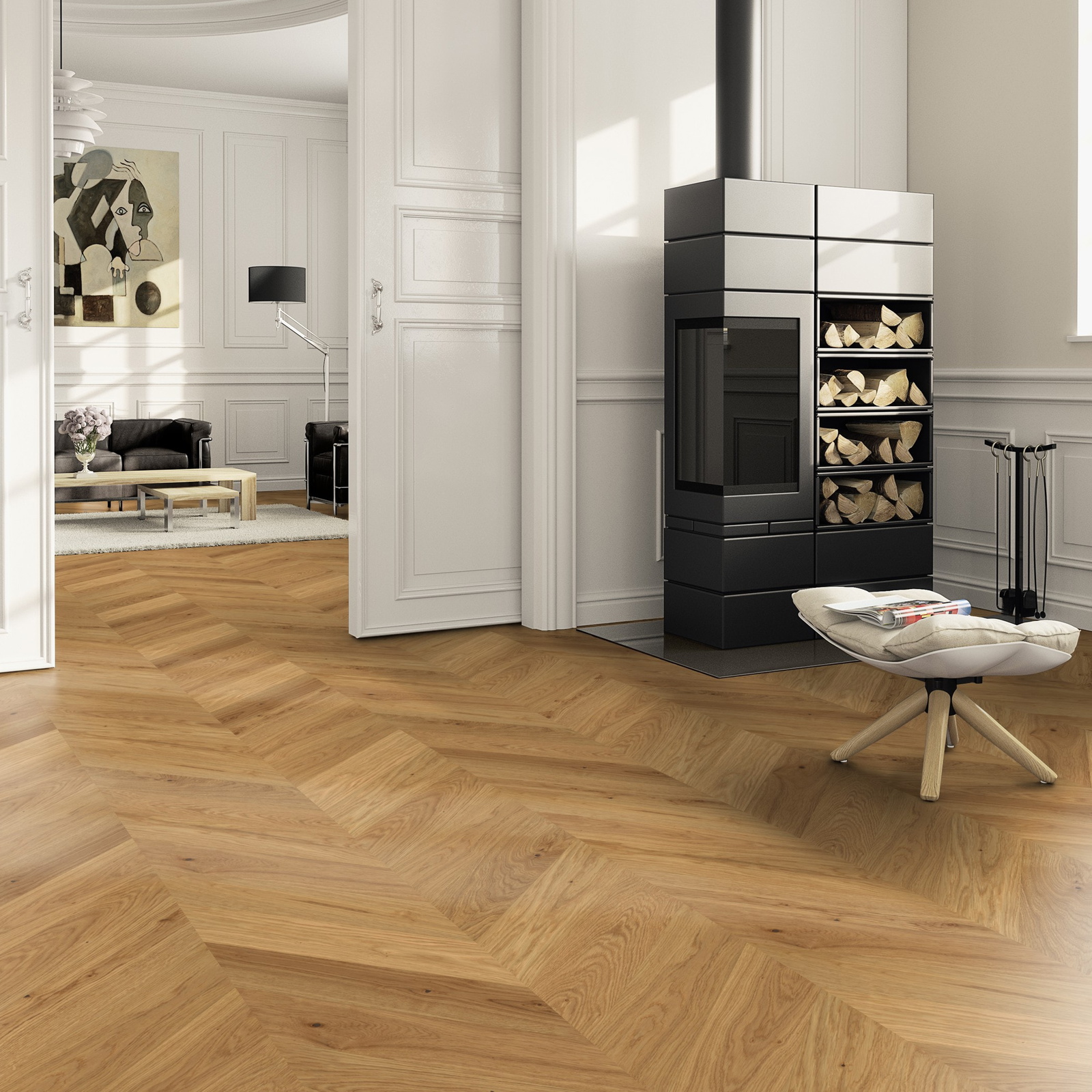 Milieubild Wohnzimmer im Landhaus-Stil mit Kamin - ter Hürne Parkett Estate Collection EVO Eiche Jambes Milieubild Wohnzimmer im Landhaus-Stil mit Kamin - ter Hürne 1101312681
