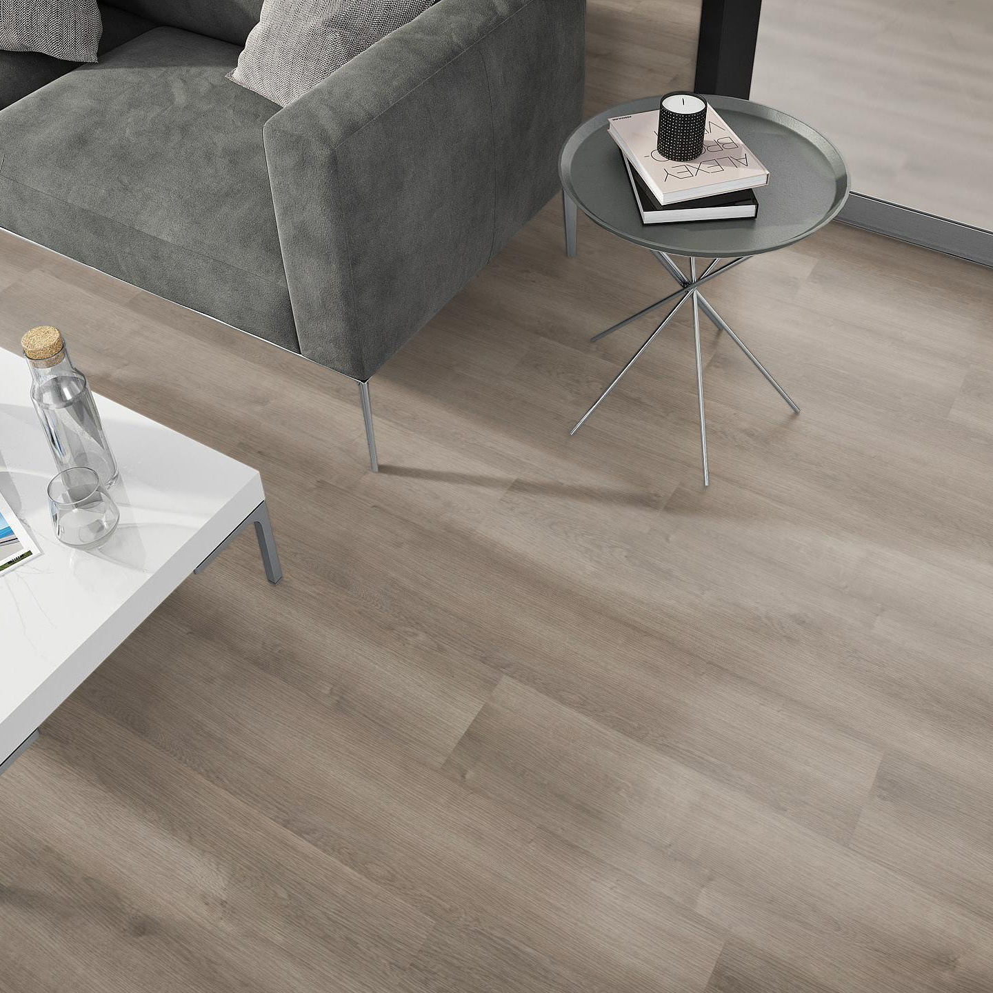 Milieubild Wohnzimmer - Sofa mit Beistelltisch und Glastür - nexflor Klebe-Vinyl Apollo Collection Athens Oak Milieubild Wohnzimmer - Sofa mit Beistelltisch und Glastür - nexflor NXF-50030-001