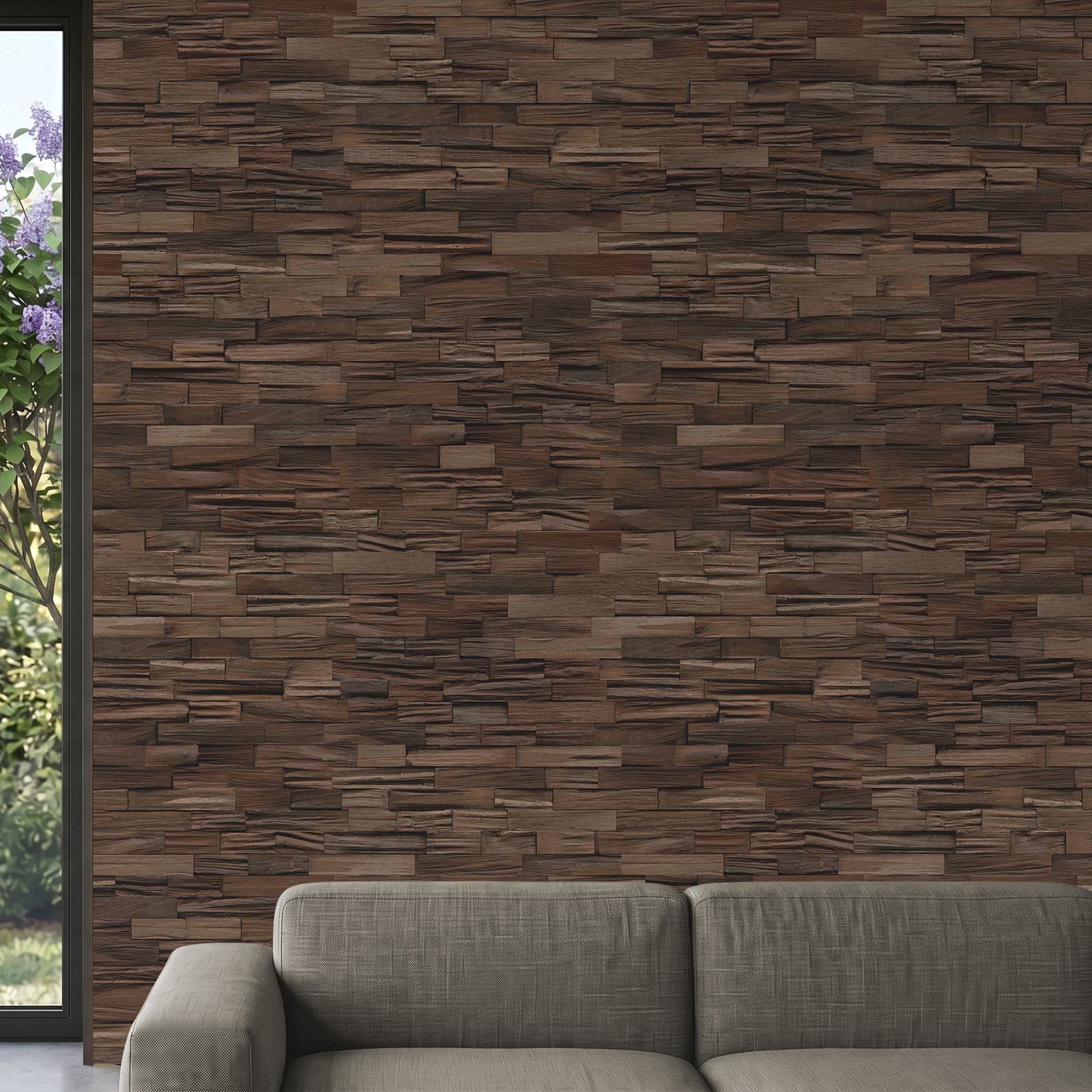 Perspektivische Ansicht - nexwall nature Echholz-Wandverkleidung Rimba Timbercraft Burnt Brown Perspektivische Ansicht - nexwall nature NXWN-44018-003