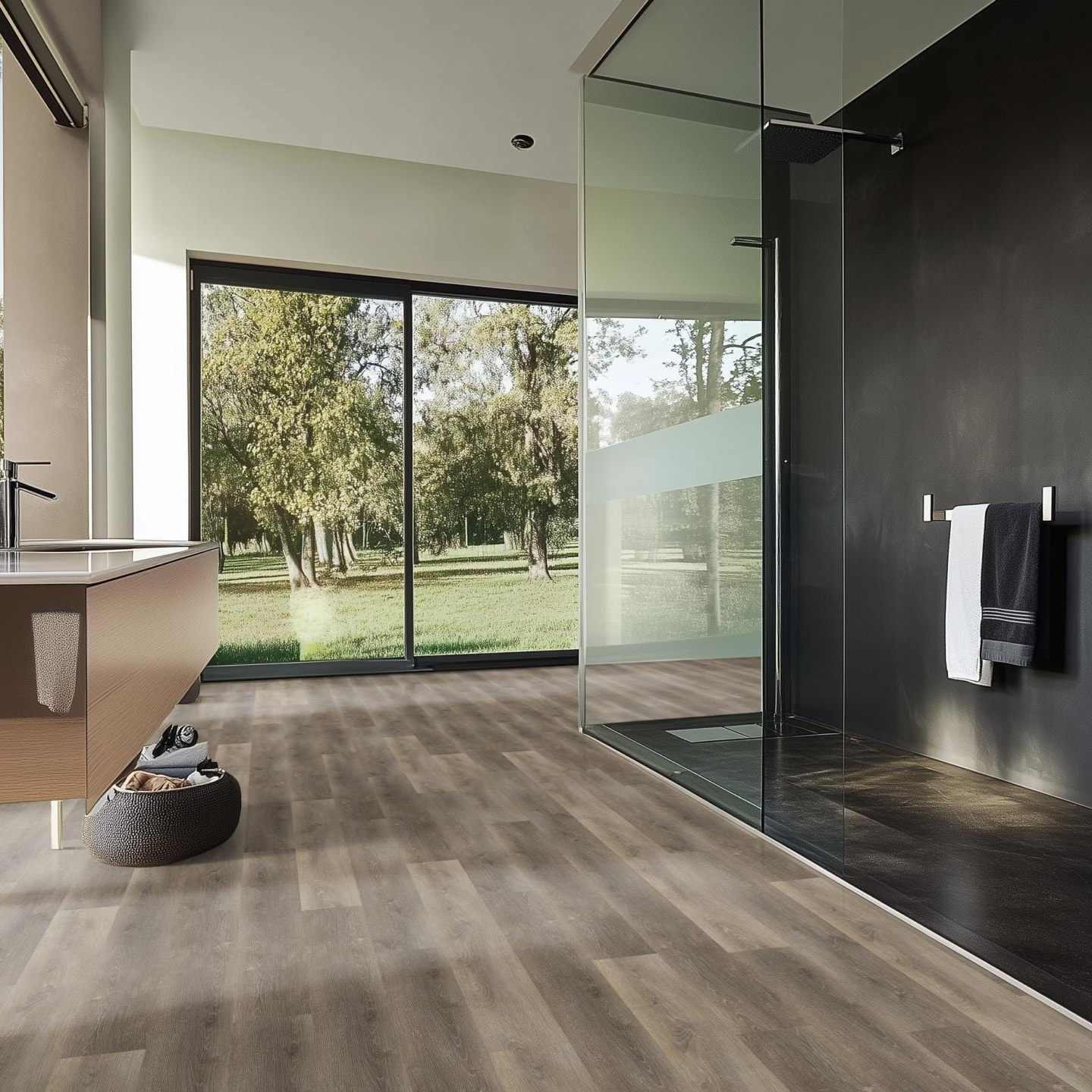 Milieubild Modernes Badezimmer mit bodentiefer Dusche - nexflor Rigid Klick-Vinyl Apollo Click Collection Rhodes Oak Milieubild Modernes Badezimmer mit bodentiefer Dusche - nexflor NXF-60030-010