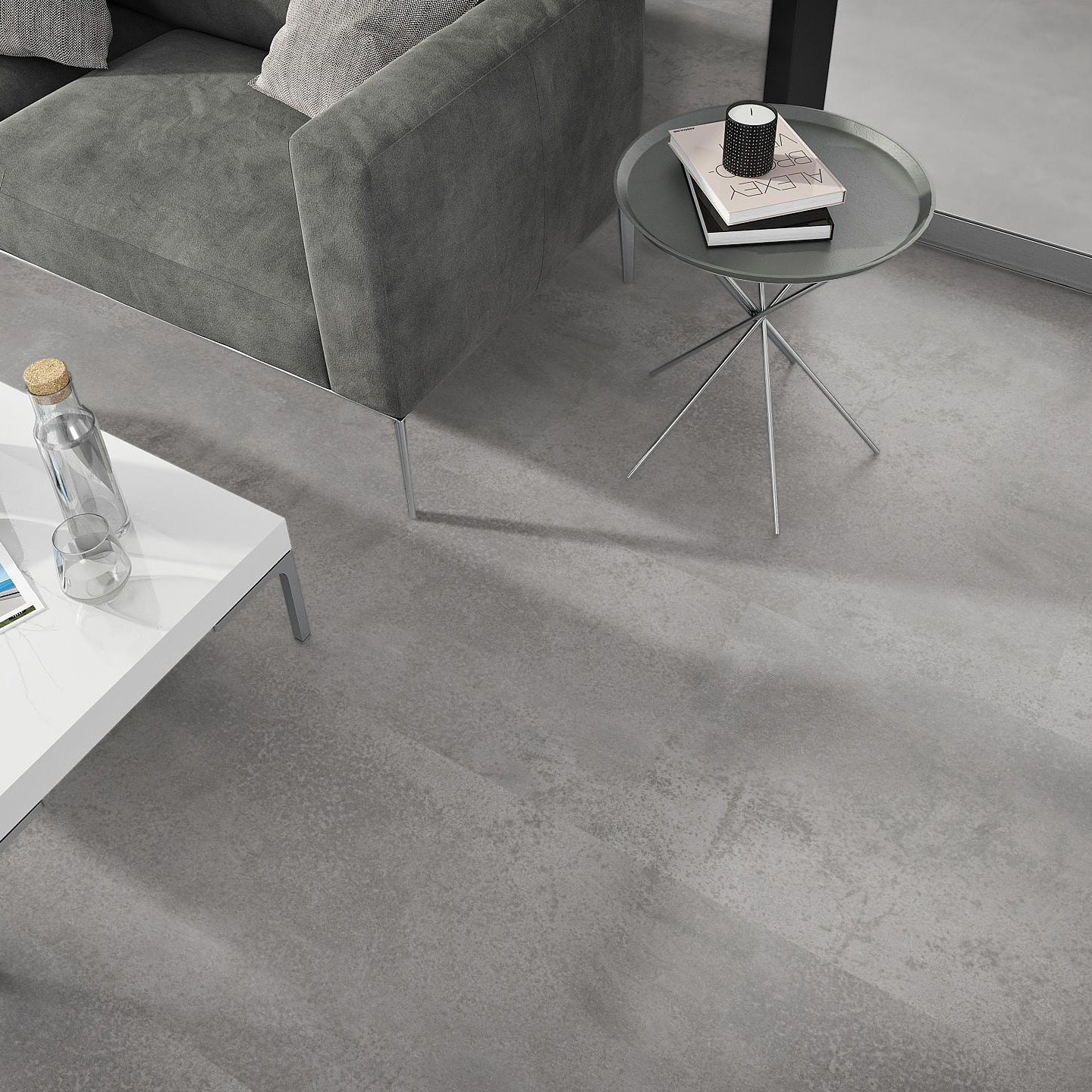 Milieubild Wohnzimmer - Sofa mit Beistelltisch und Glastür - nexflor Klebe-Vinyl Oreios Collection Pelion Milieubild Wohnzimmer - Sofa mit Beistelltisch und Glastür - nexflor NXF-51030-004