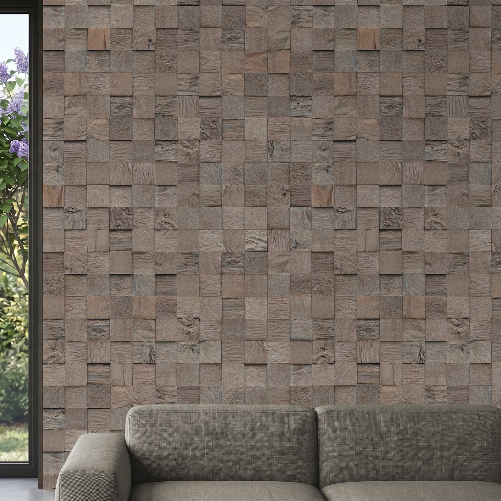 Perspektivische Ansicht - nexwall nature Echholz-Wandverkleidung Rimba Teak Block Rhino Perspektivische Ansicht - nexwall nature NXWN-42020-001