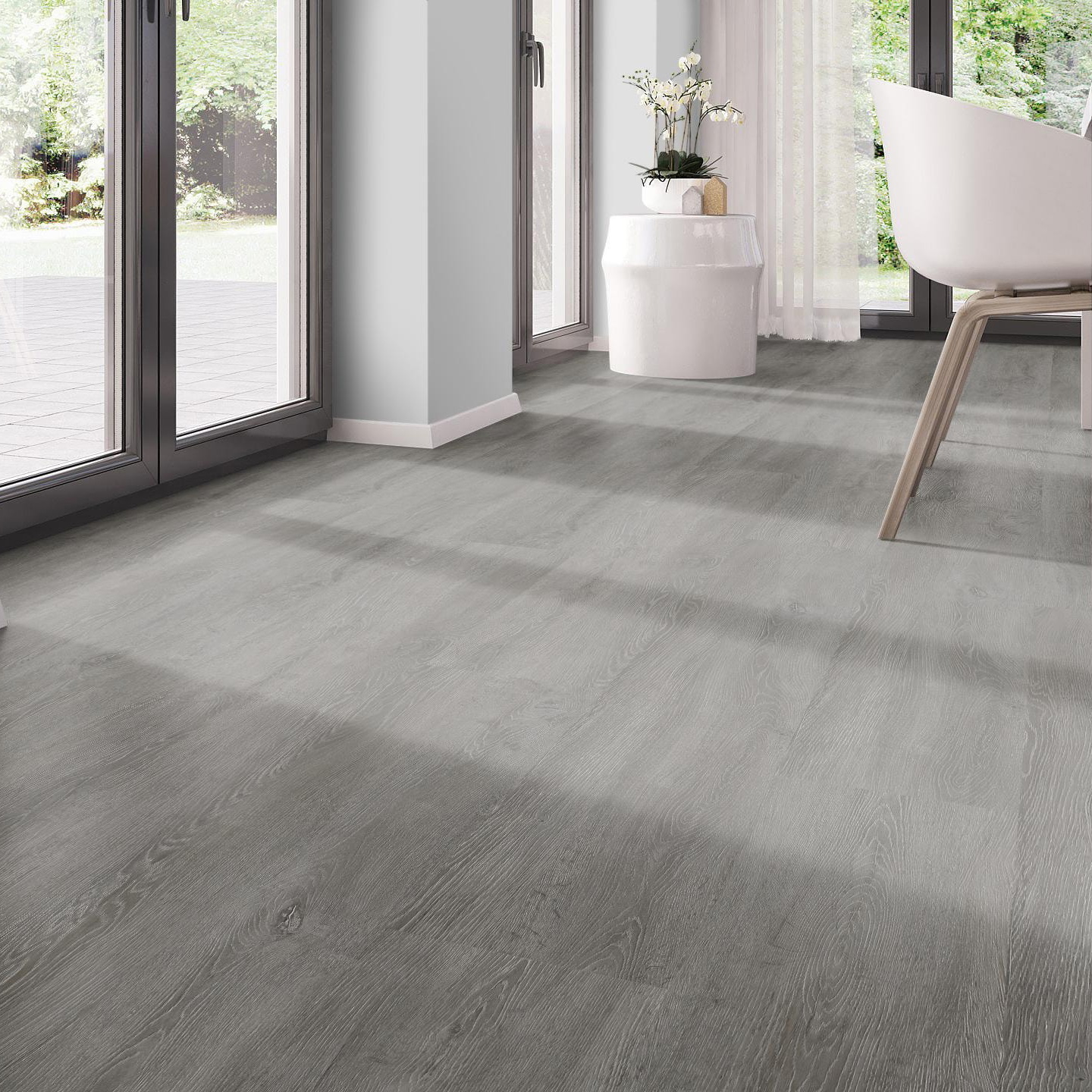 Milieubild Modernes Esszimmer - bodentiefe Perspektive - nexflor Rigid Klick-Vinyl Helios Click Collection Arcadia Oak Milieubild Modernes Esszimmer - bodentiefe Perspektive - nexflor NXF-20030-005