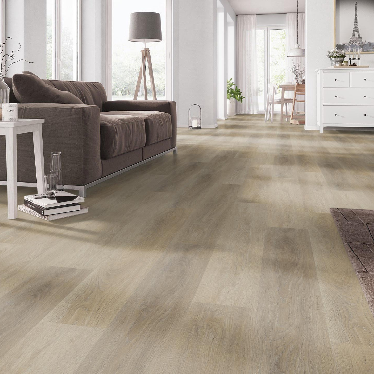 Milieubild Wohnzimmer mit Couch - nexflor Klebe-Vinyl Apollo Collection Crete Oak Milieubild Wohnzimmer mit Couch - nexflor NXF-50030-017