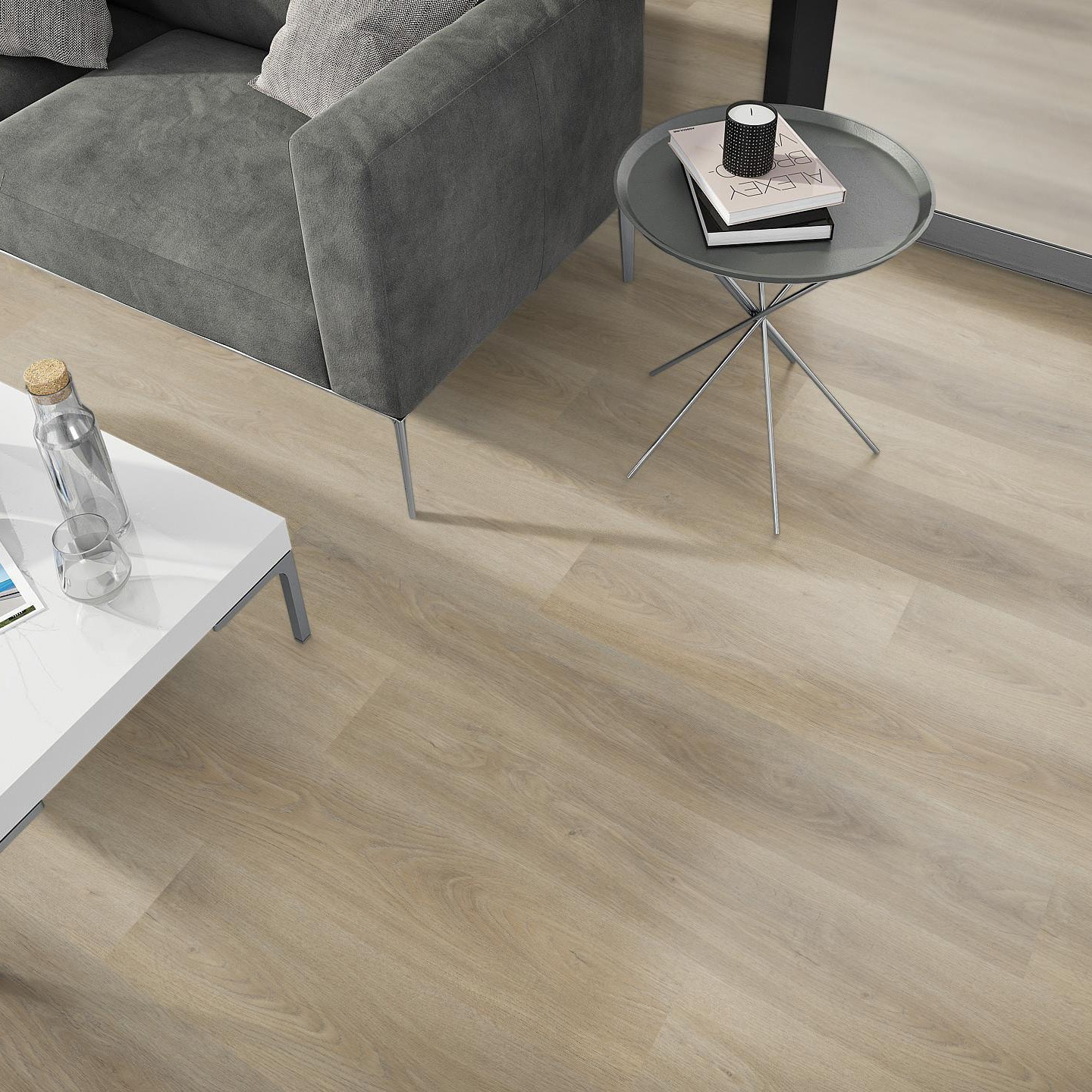 Milieubild Wohnzimmer - Sofa mit Beistelltisch und Glastür - nexflor Klebe-Vinyl Apollo Collection Crete Oak Milieubild Wohnzimmer - Sofa mit Beistelltisch und Glastür - nexflor NXF-50030-017